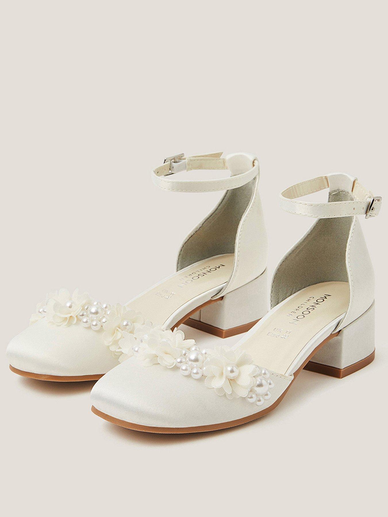 Monsoon Girls Communion Pearly Pom Flower Heel Shoes - Light Cream