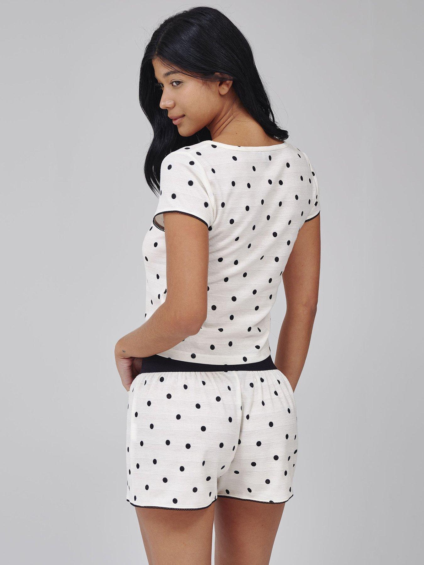 Image 4 of 5 of Loungeable Polka Dot Ribbed Top And Boxer Short Pj Set - Cream