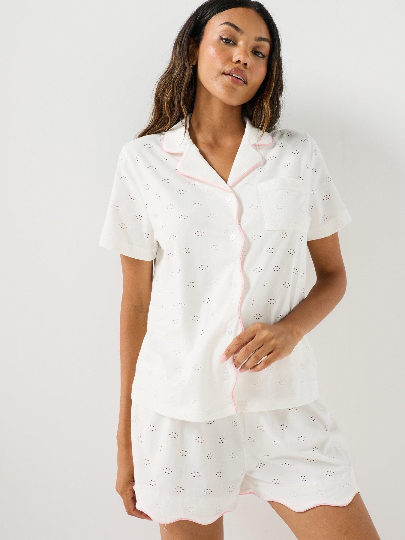 Image 1 of 5 of Loungeable Broiderie Contrast Wave Shirt And Short PJ Set