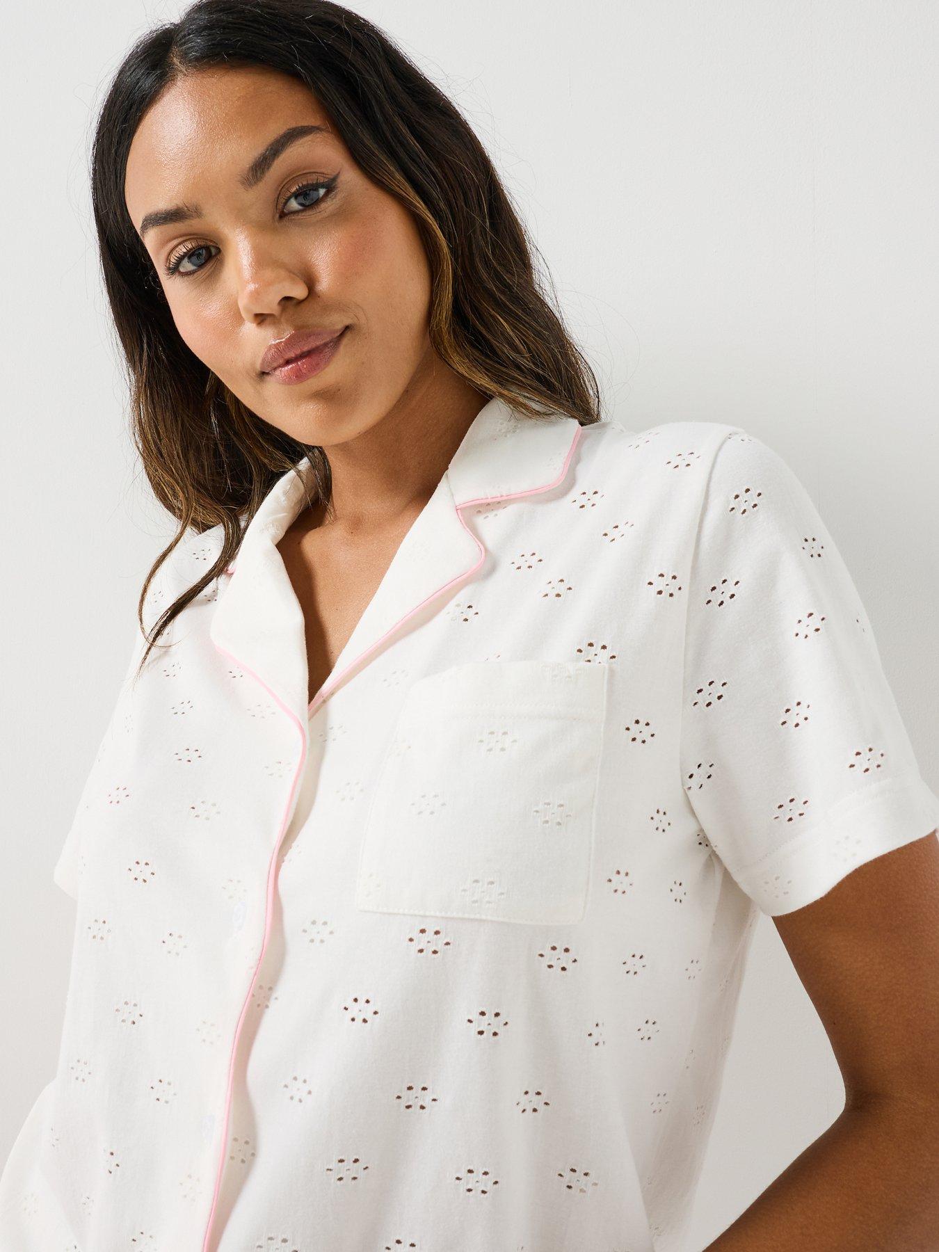 Image 4 of 5 of Loungeable Broiderie Contrast Wave Shirt And Short PJ Set