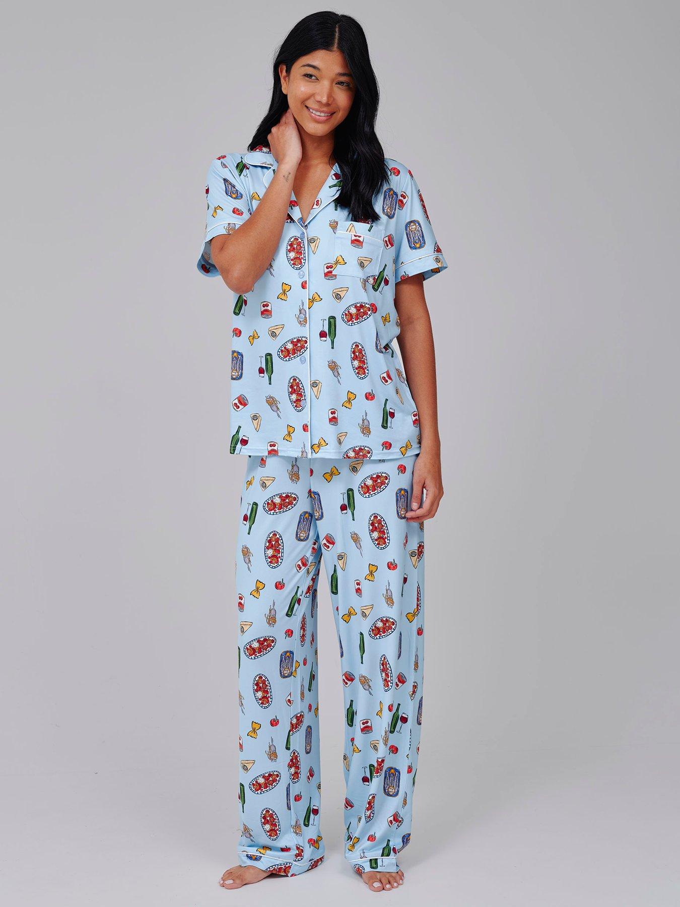 Loungeable Pasta Food Graphic Shirt And Trouser Pyjama Set - Blue