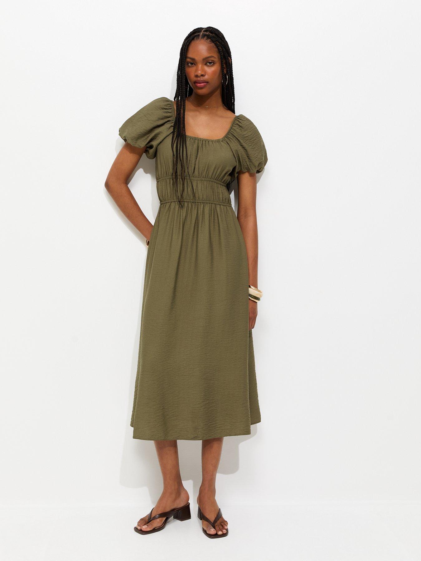 green midi dress new look New Look Curve square neck puff sleeve seersucker midi dress in khaki