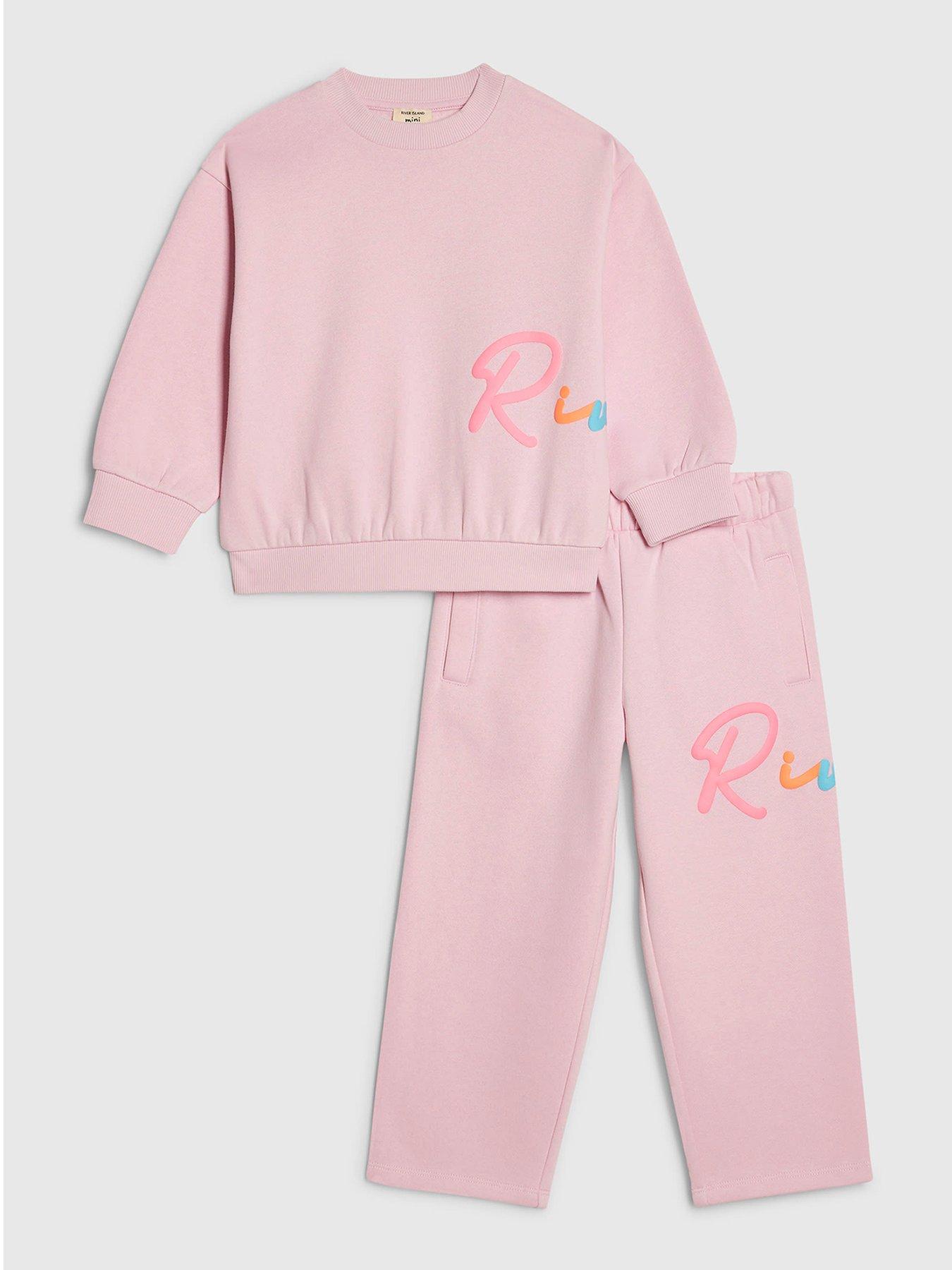  image of river-island-mini-girls-branded-script-sweatshirt-set-pink
