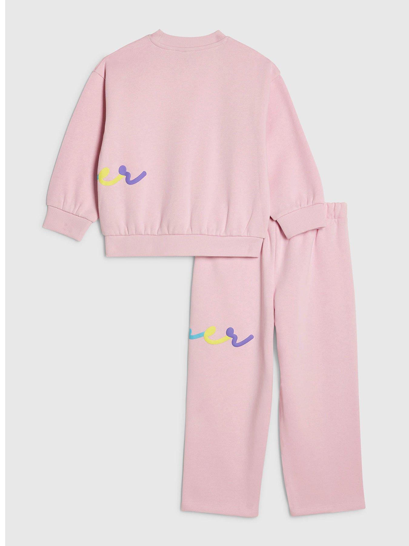  image of river-island-mini-girls-branded-script-sweatshirt-set-pink