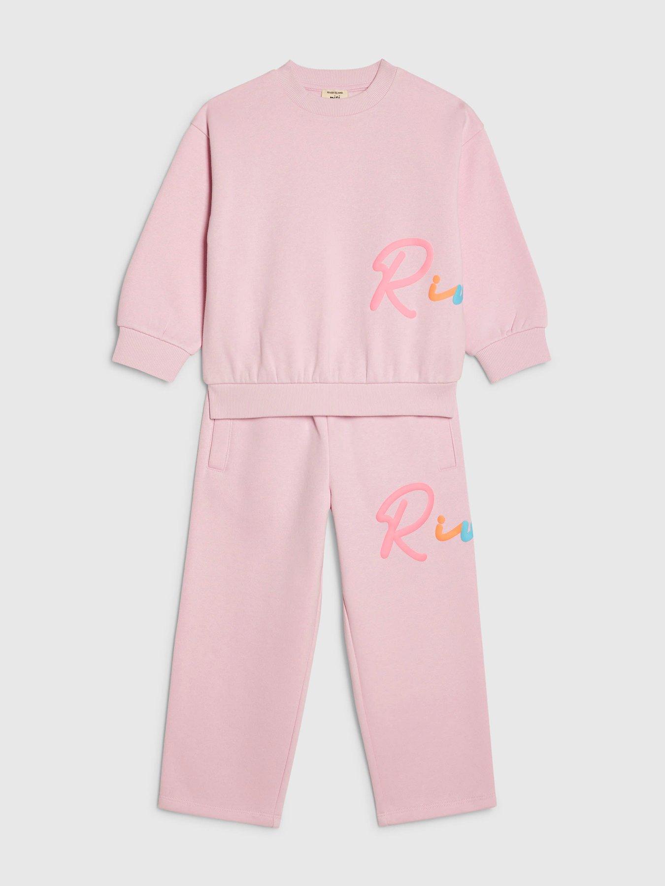  image of river-island-mini-girls-branded-script-sweatshirt-set-pink