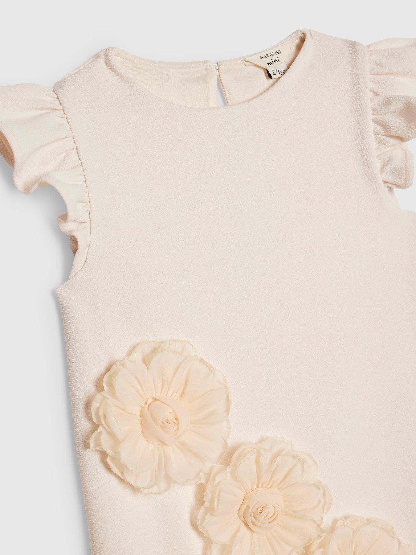 Image 3 of 4 of River Island Mini Girls Rosette Shift Dress - Beige