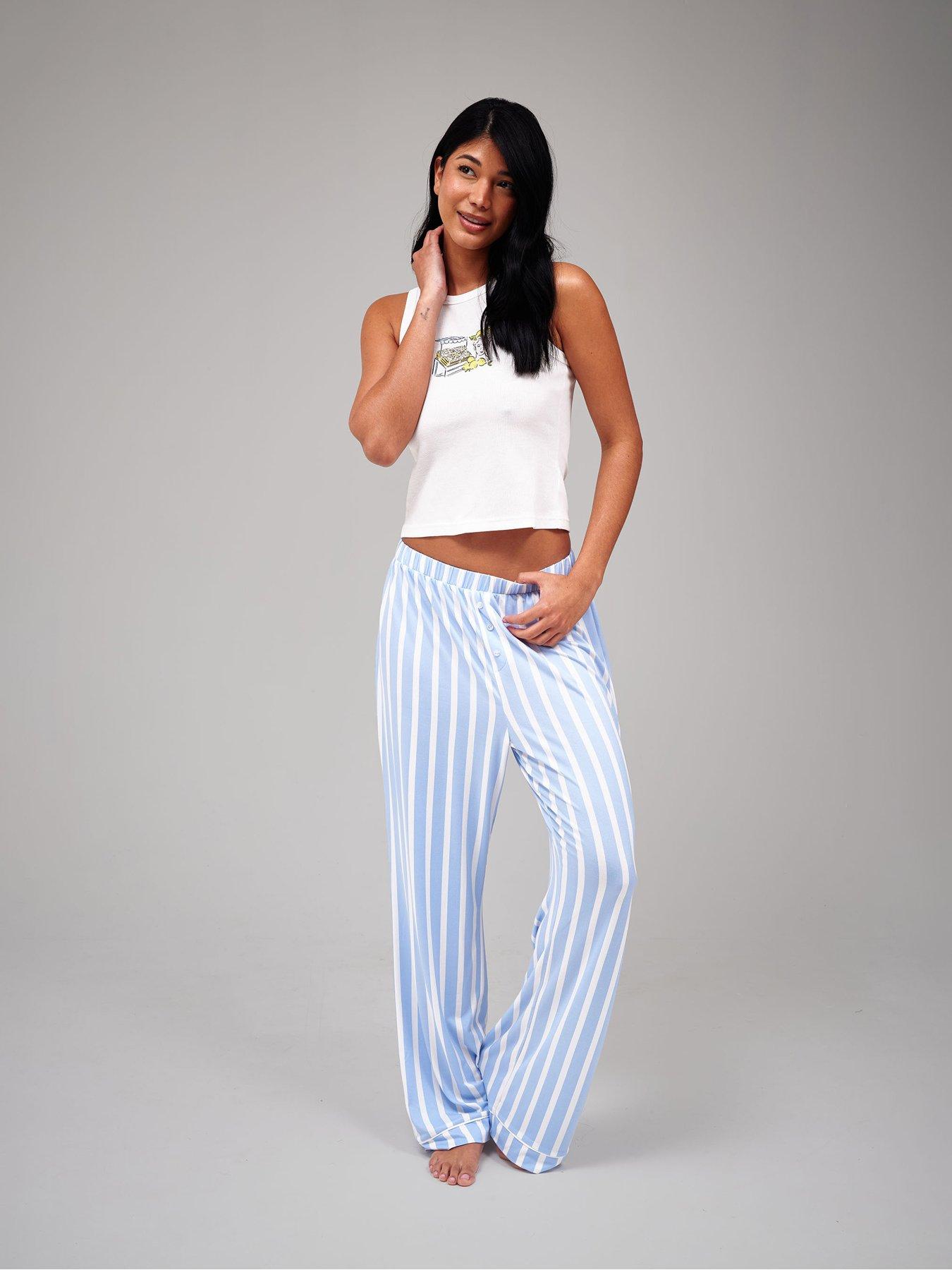 Loungeable Lemon Print Rib Vest  &  Jersey Trouser Pyjama Set - Blue