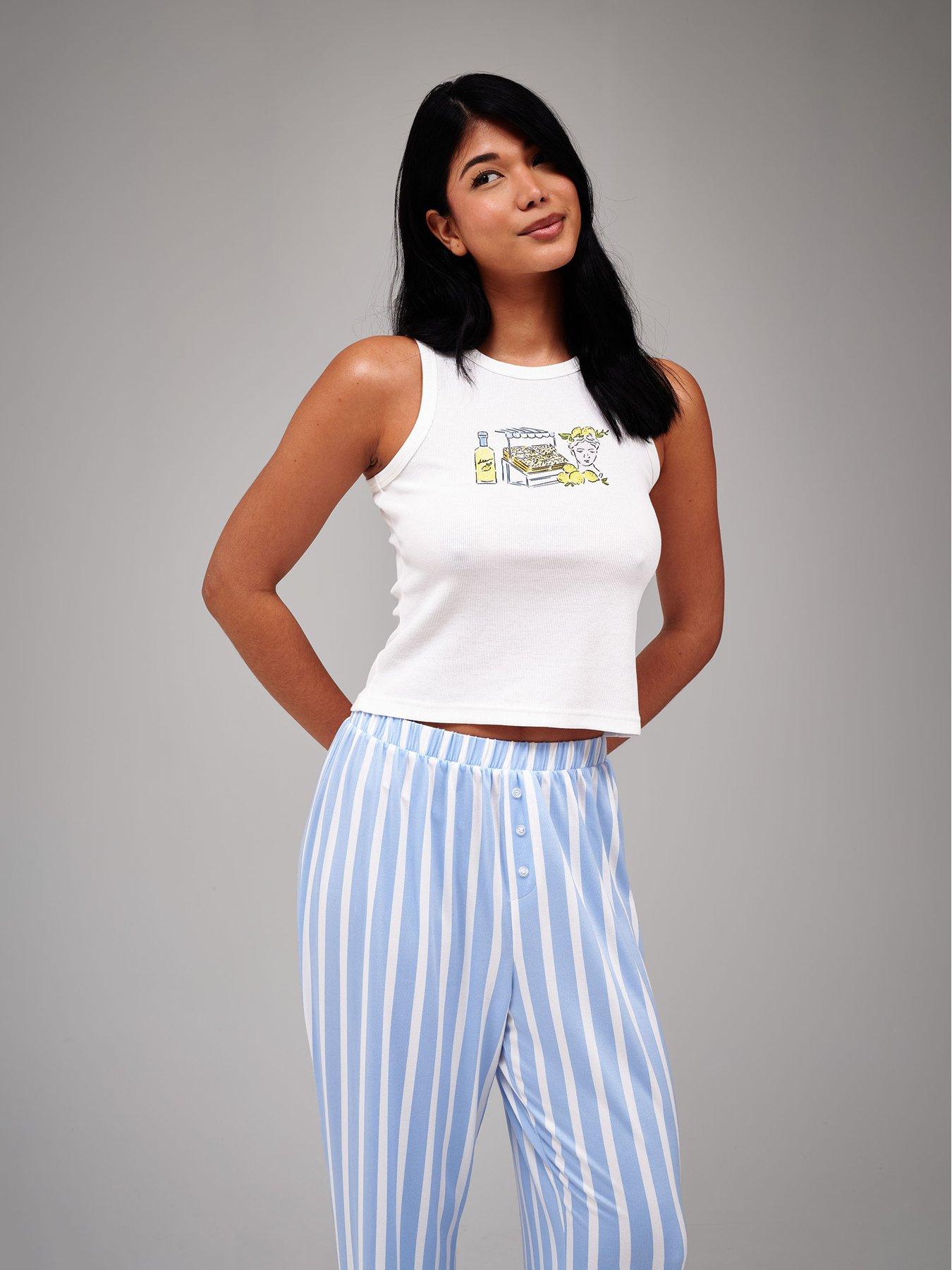 Image 3 of 4 of Loungeable Lemon Print Rib Vest &amp; Jersey Trouser Pyjama Set - Blue