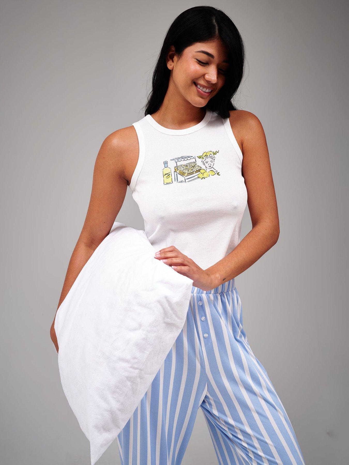Image 4 of 4 of Loungeable Lemon Print Rib Vest &amp; Jersey Trouser Pyjama Set - Blue