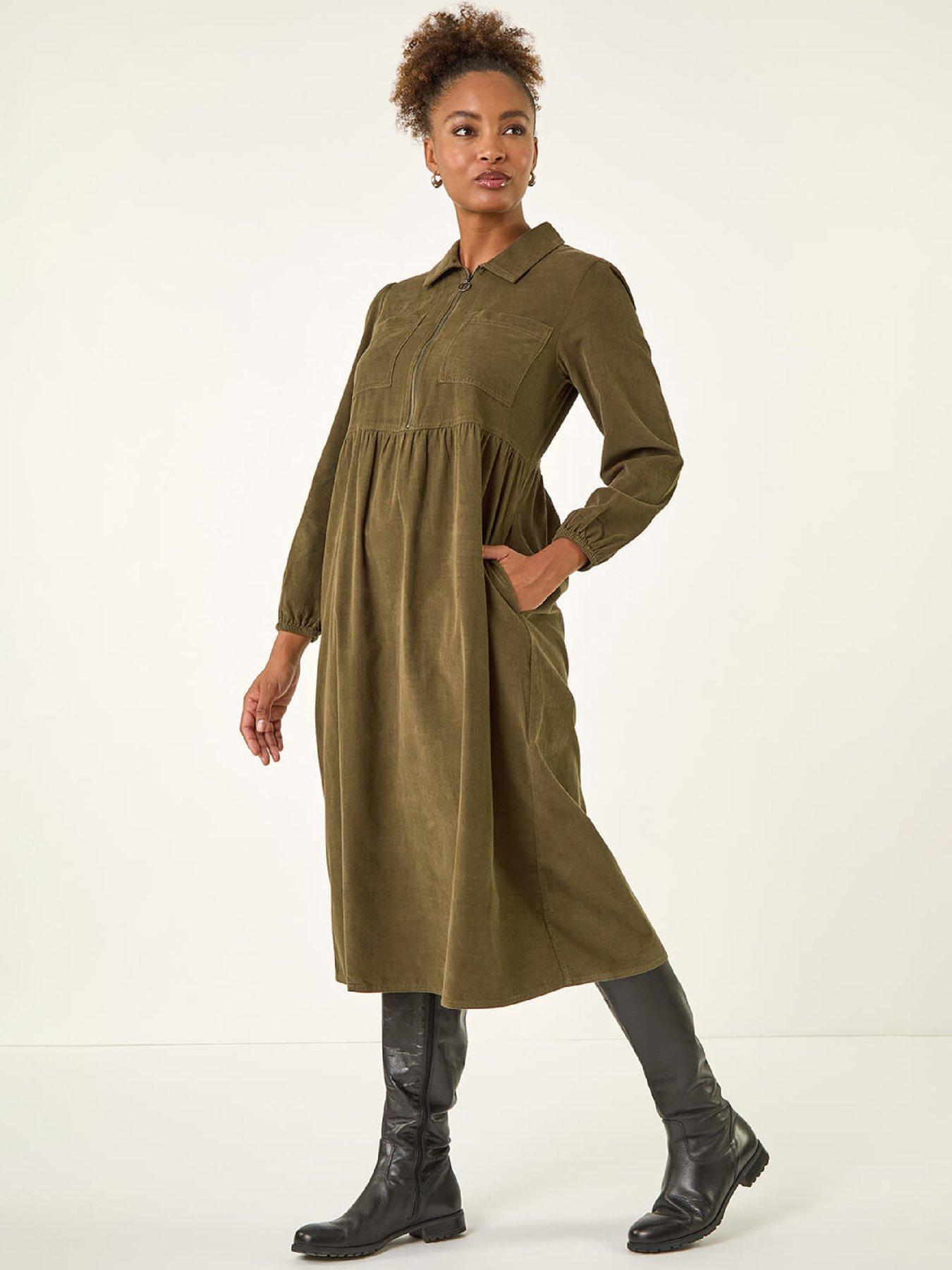 Roman Corduroy Zip Detail Midi Dress - Green
