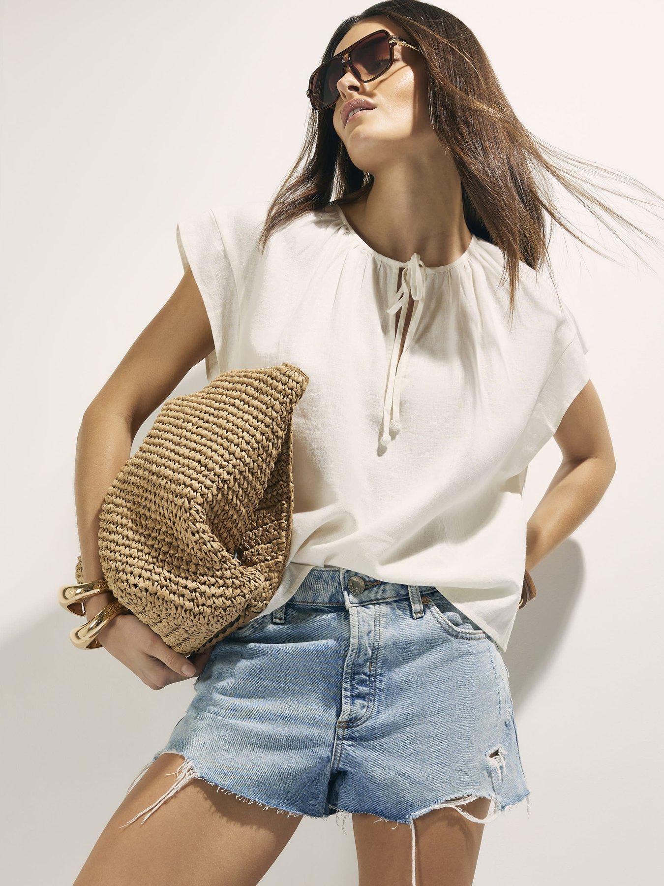 Image 1 of 4 of River Island Linen Blend Tie Neck Top - White