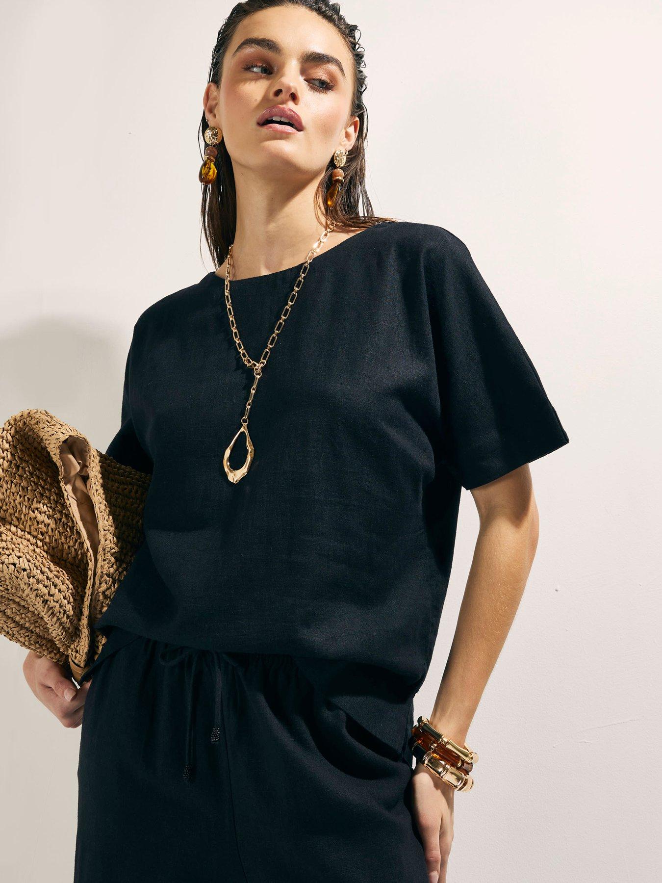 River Island Linen Blend Short Sleeve Top - Black