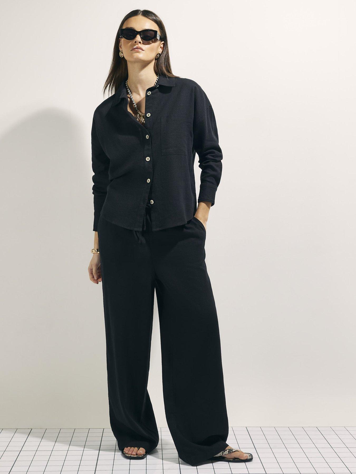 River Island Linen Blend Wide Leg Trousers - Black