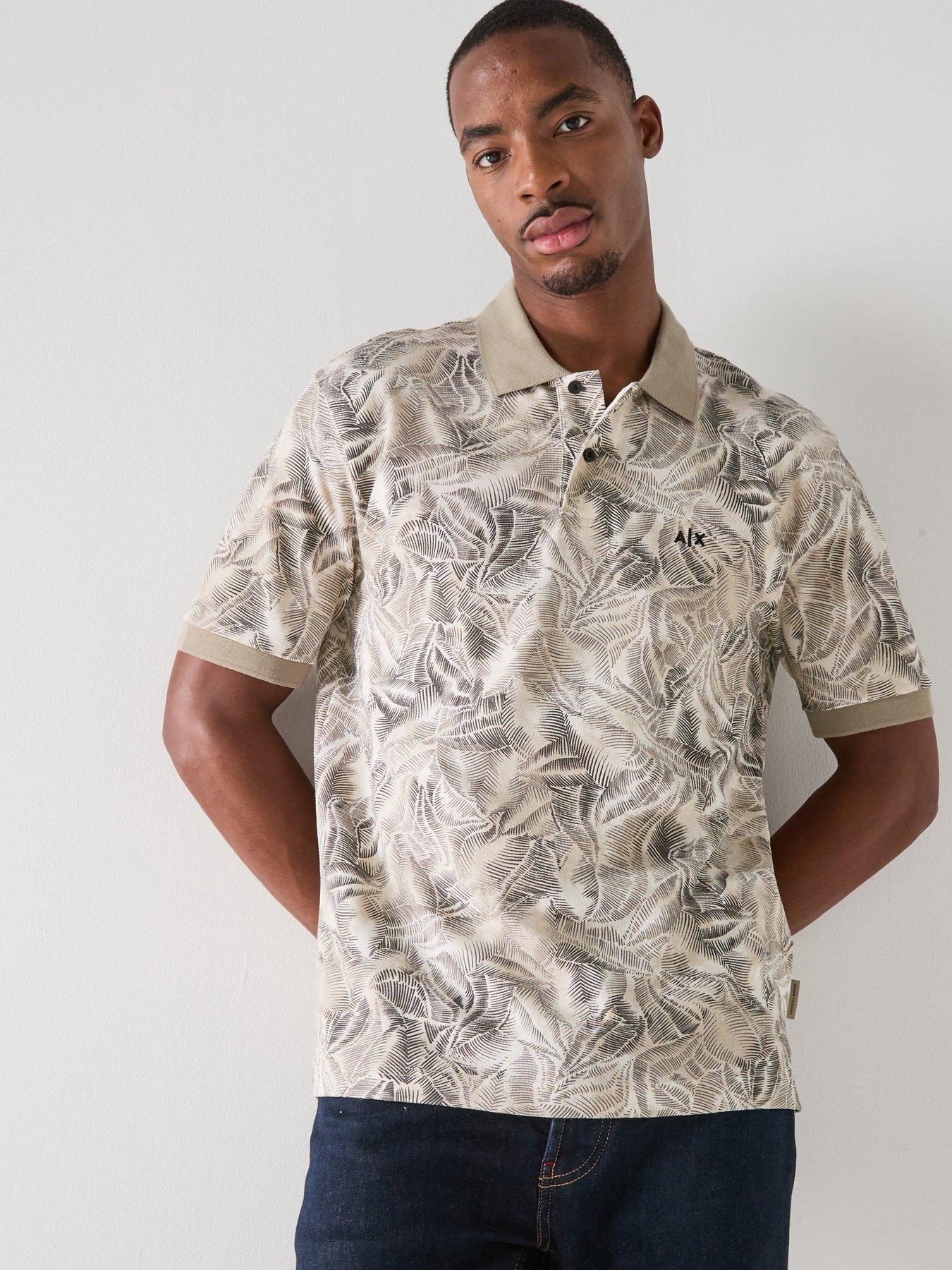front image of armani-exchange-leaf-print-polo-shirt-beige