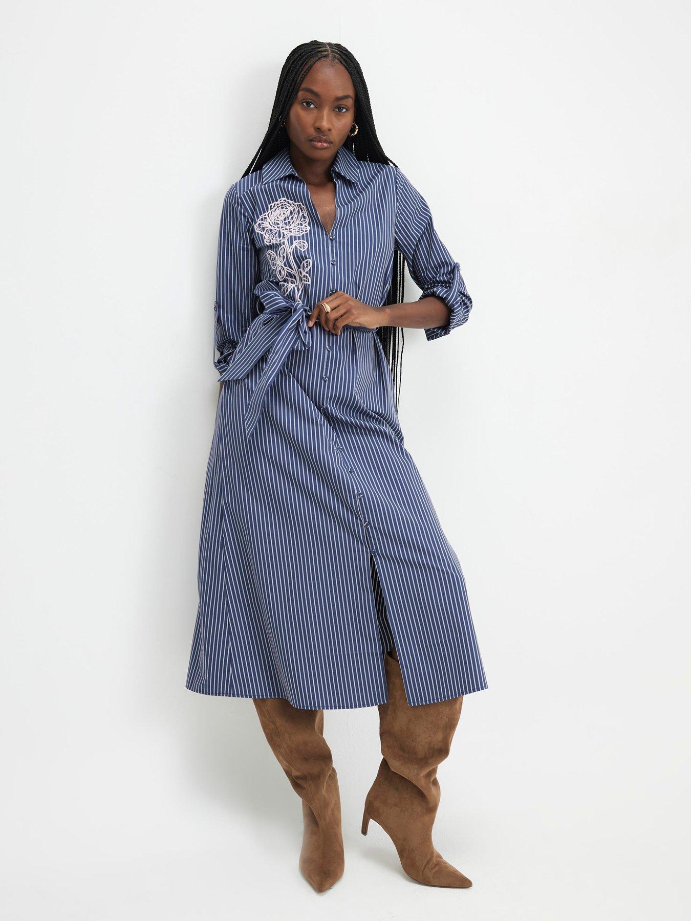 River Island Long Sleeve Striped Tie Waist Midi Shirt Dress - Navy