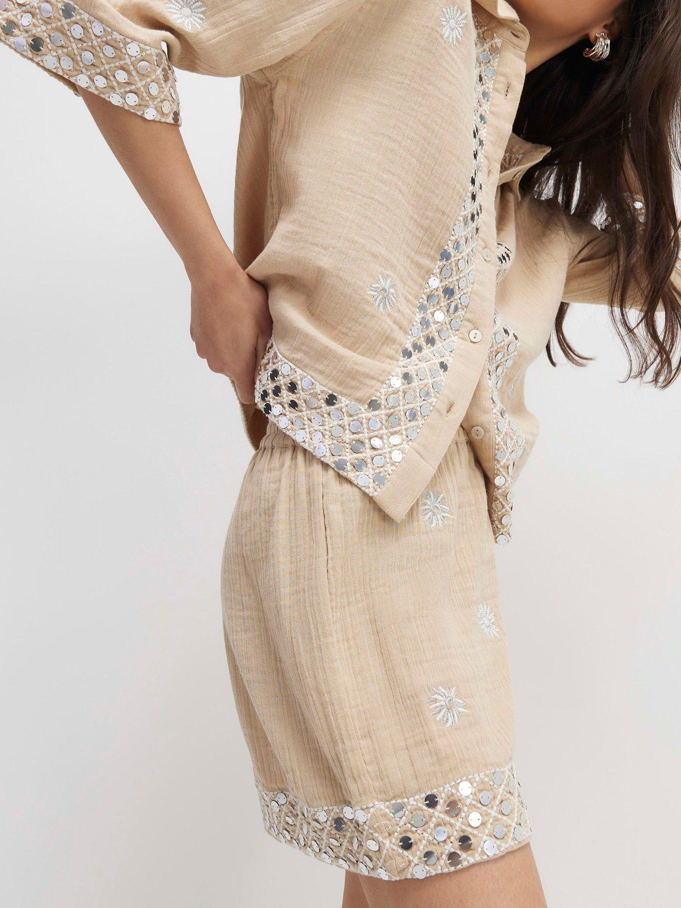 Image 4 of 4 of River Island Sequin Embellished Shorts - Beige
