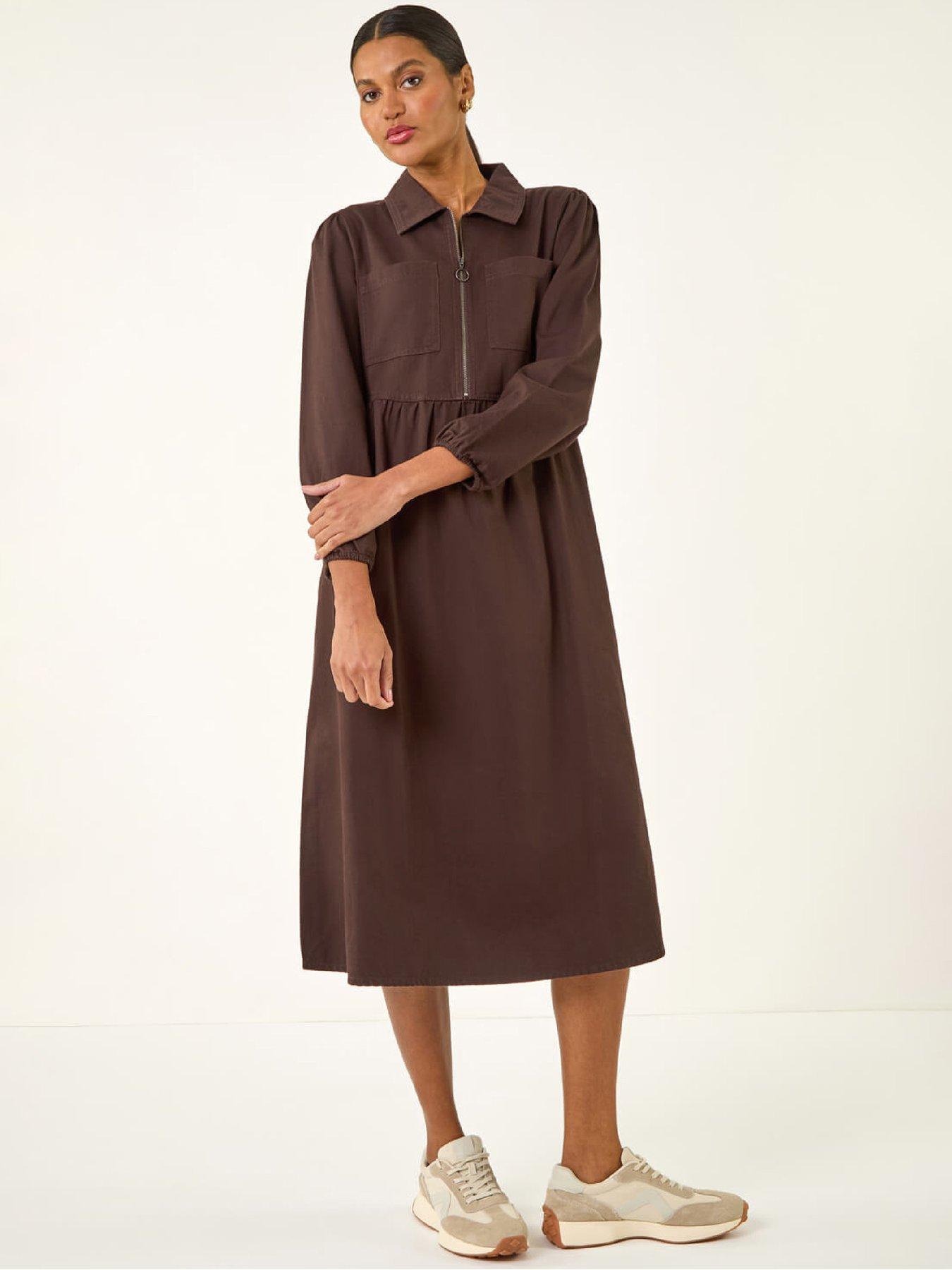 Roman Zip Front Collared Midi Dress - Brown