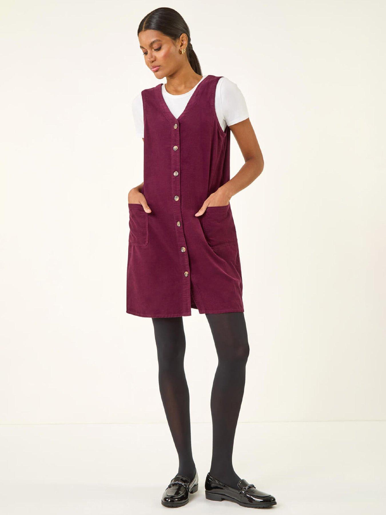 Roman Cotton V-Neck Button Pocket Dress - Dark Red