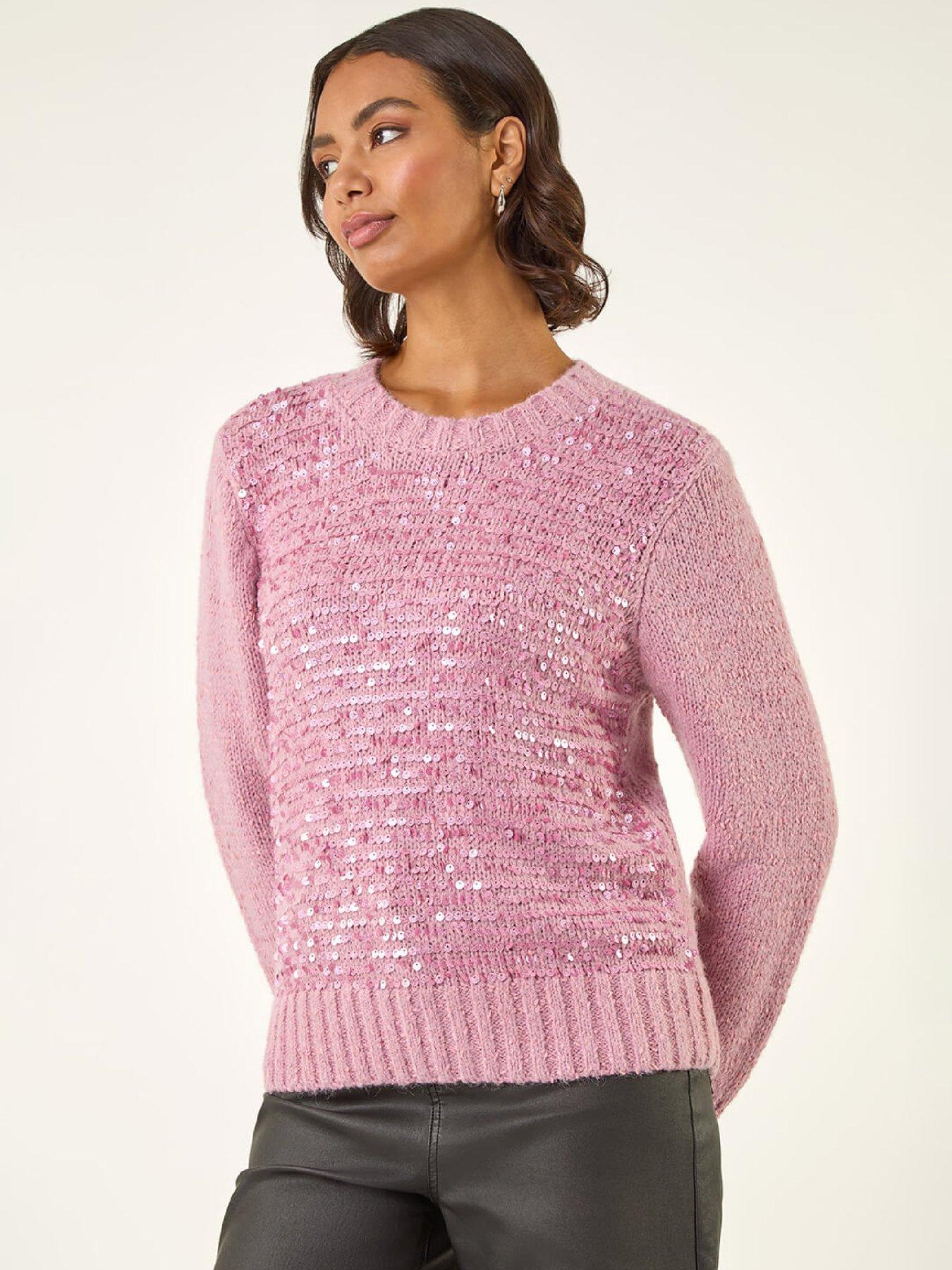 Image 1 of 5 of Roman Sequin Crew Neck Knitted Jumper - Pink