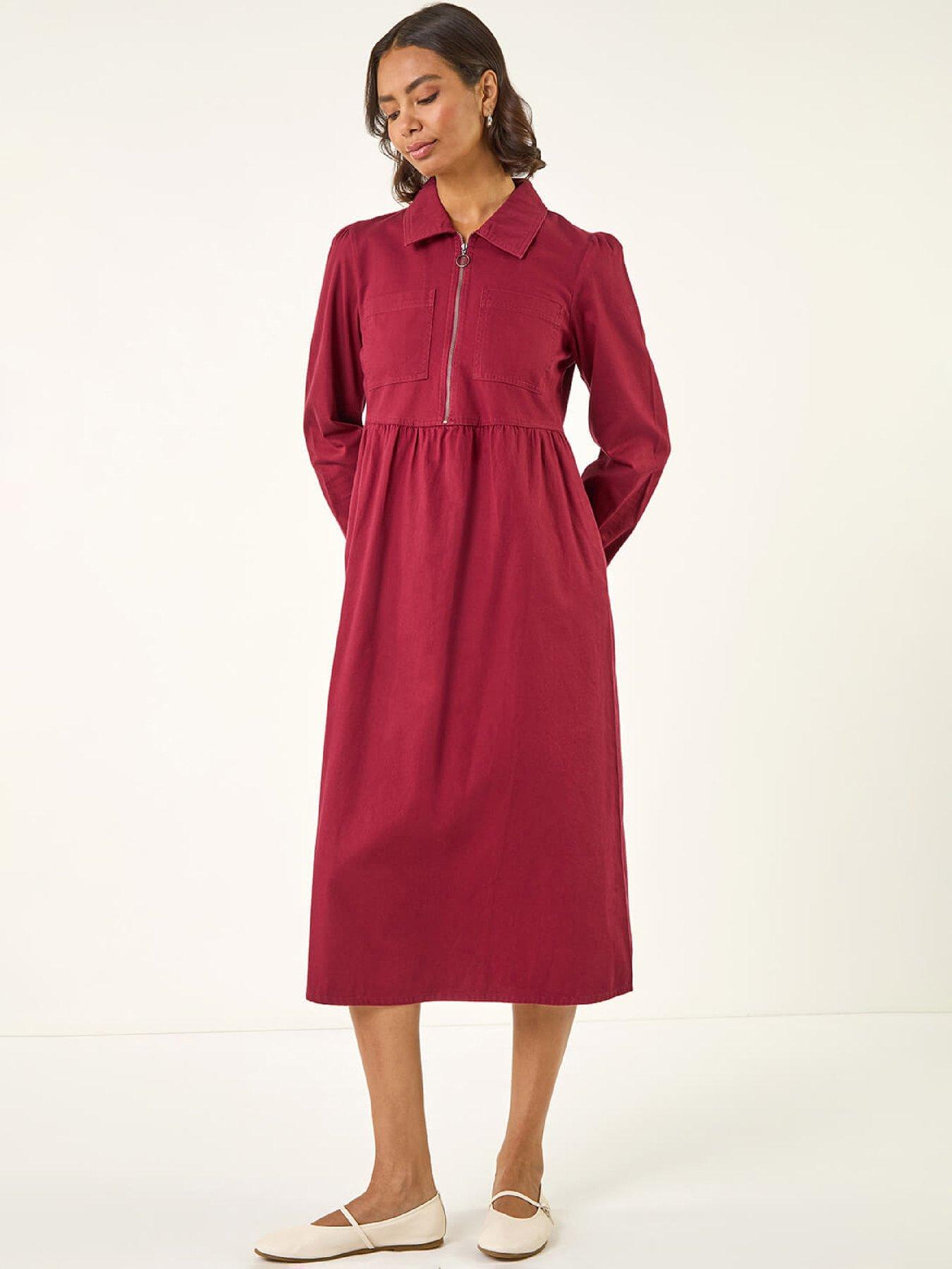 Roman Zip Front Collared Midi Dress - Red
