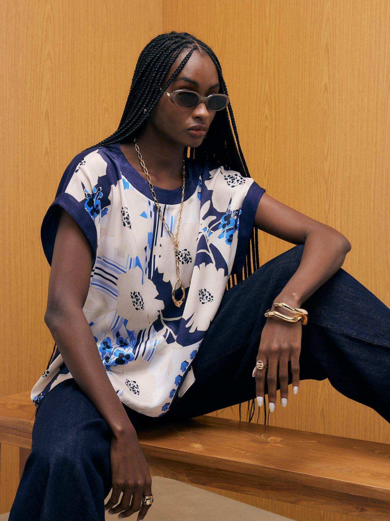 River Island Satin Short Sleeve Floral Print Top - Blue