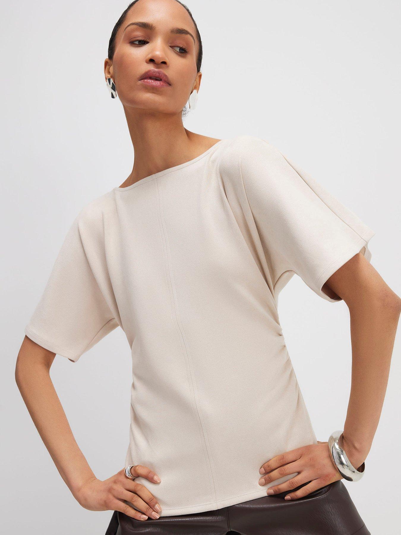 river-island-short-sleeve-ruched-side-suedette-top-beige