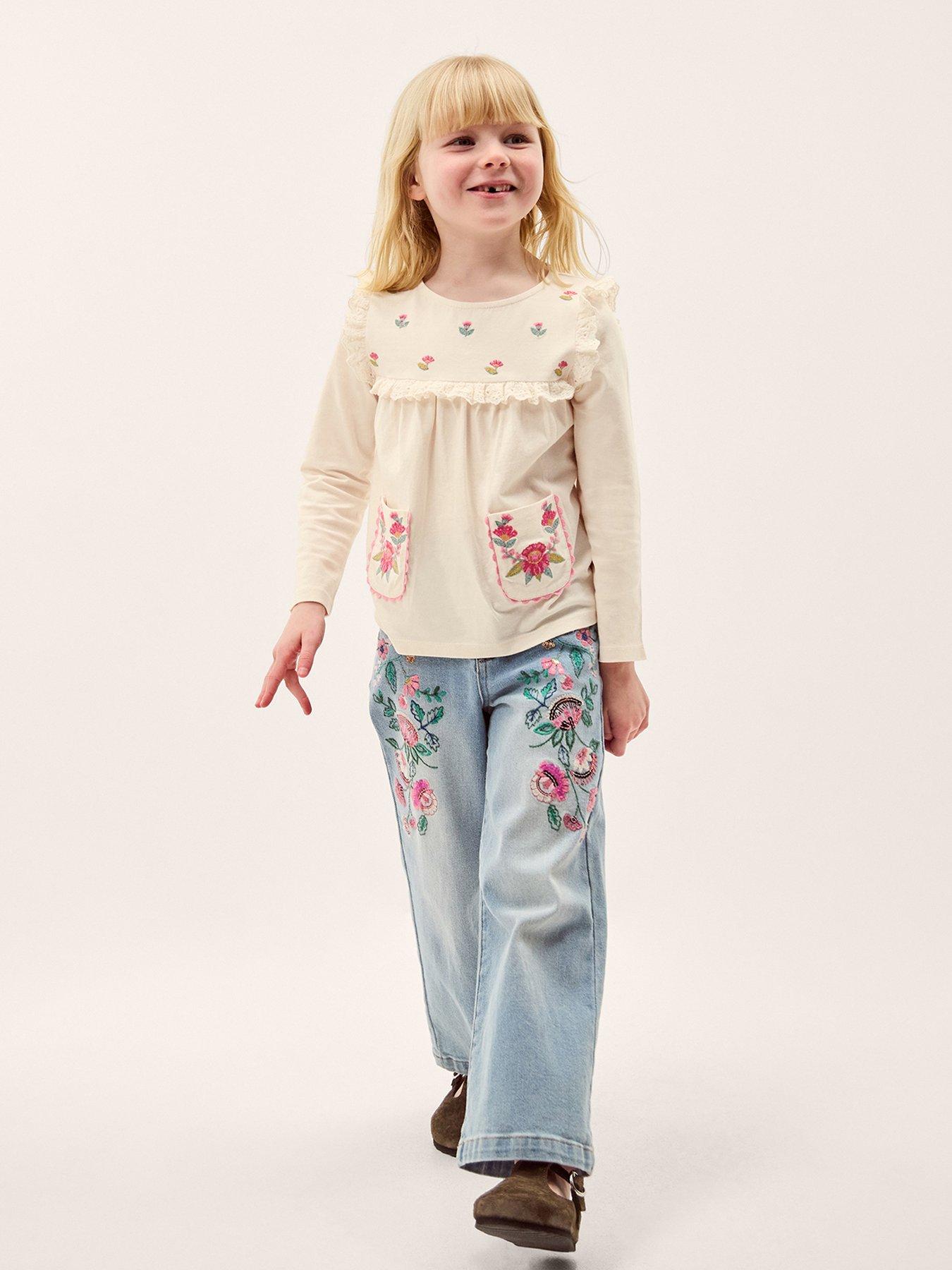 Image 1 of 4 of Monsoon Girls Long Sleeve Embroidered Yoke Pocket Tshirt - Light Cream