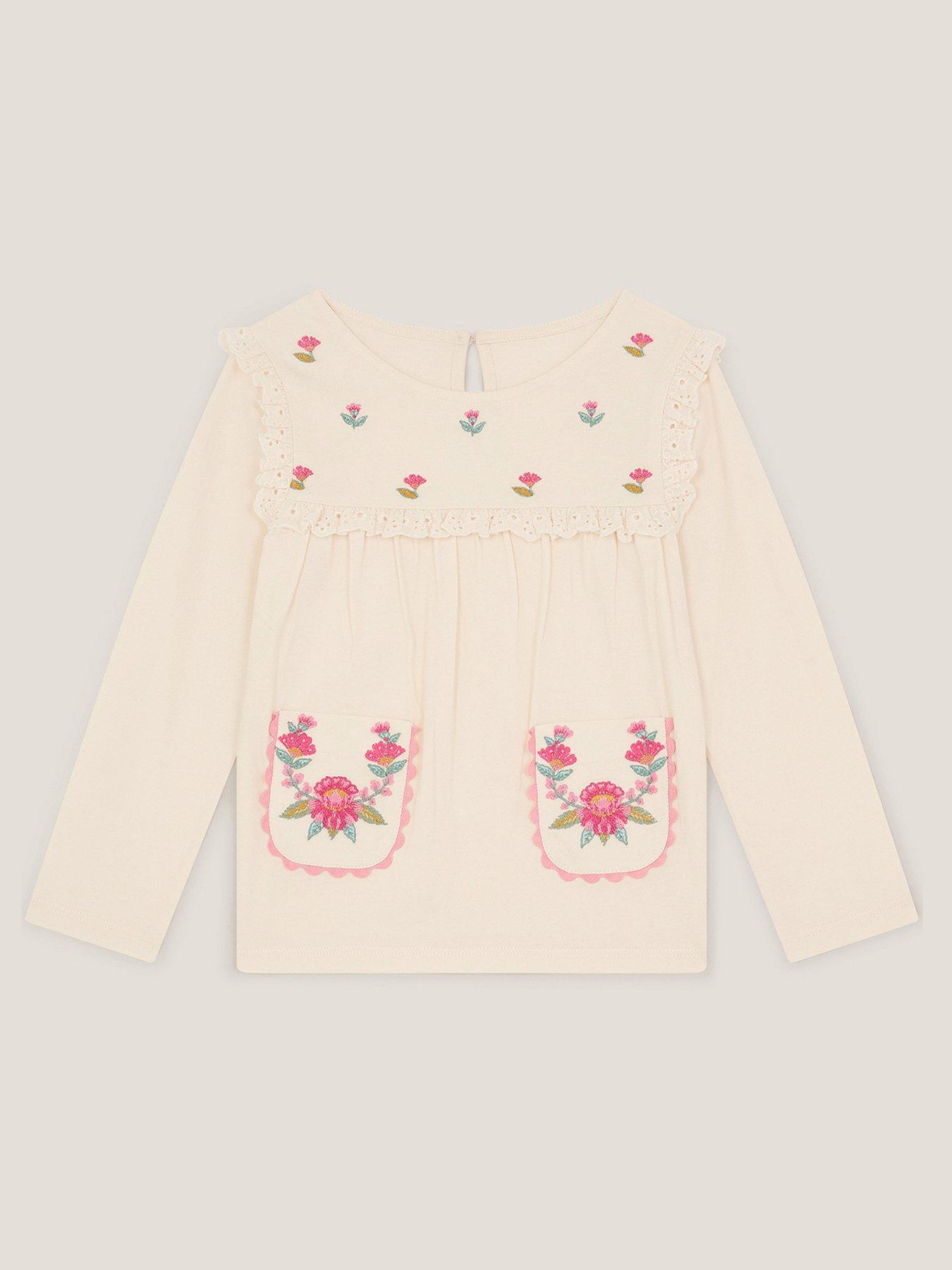 Image 2 of 4 of Monsoon Girls Long Sleeve Embroidered Yoke Pocket Tshirt - Light Cream