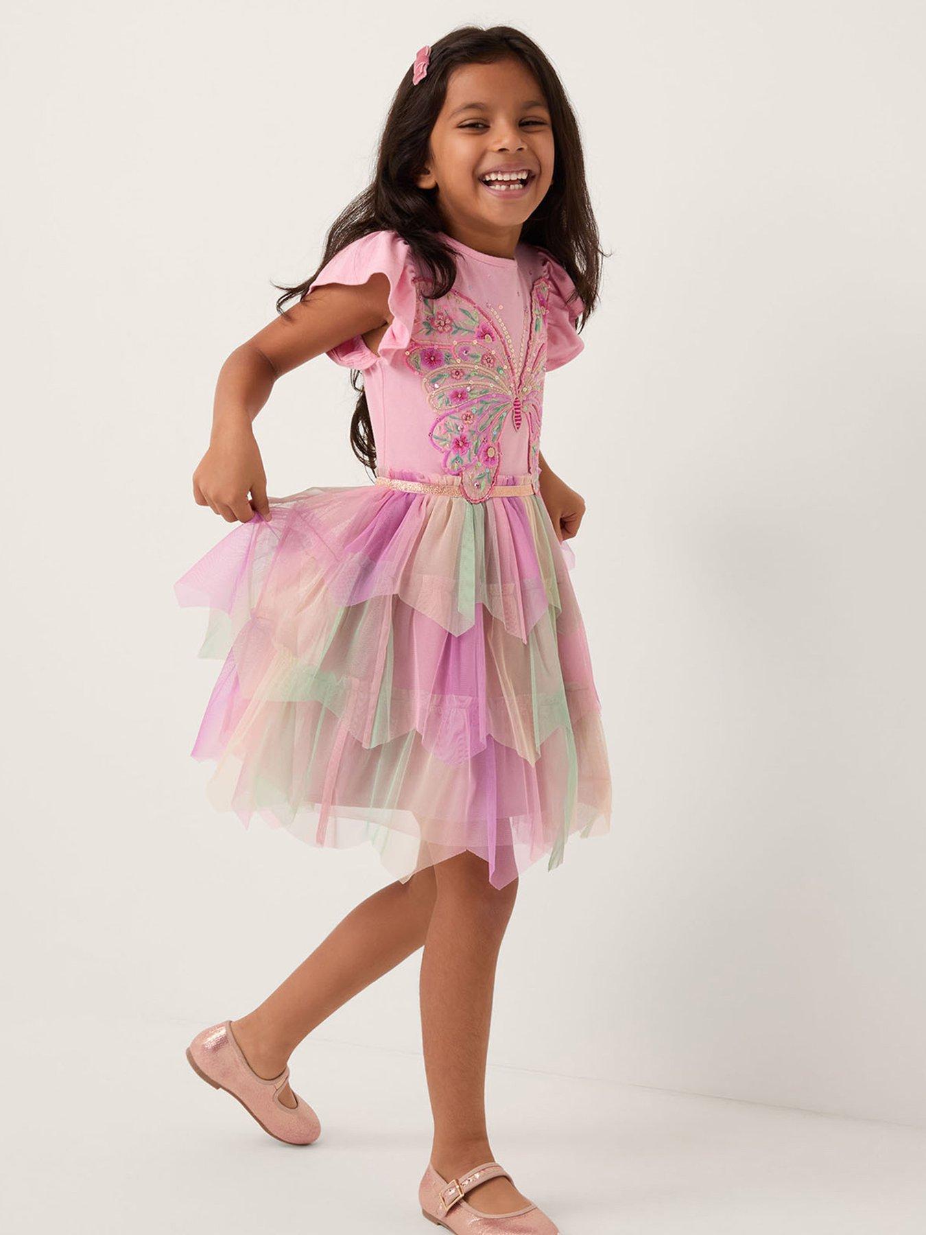 Monsoon Girls Butterfly Embroidered Disco Dress - Pink