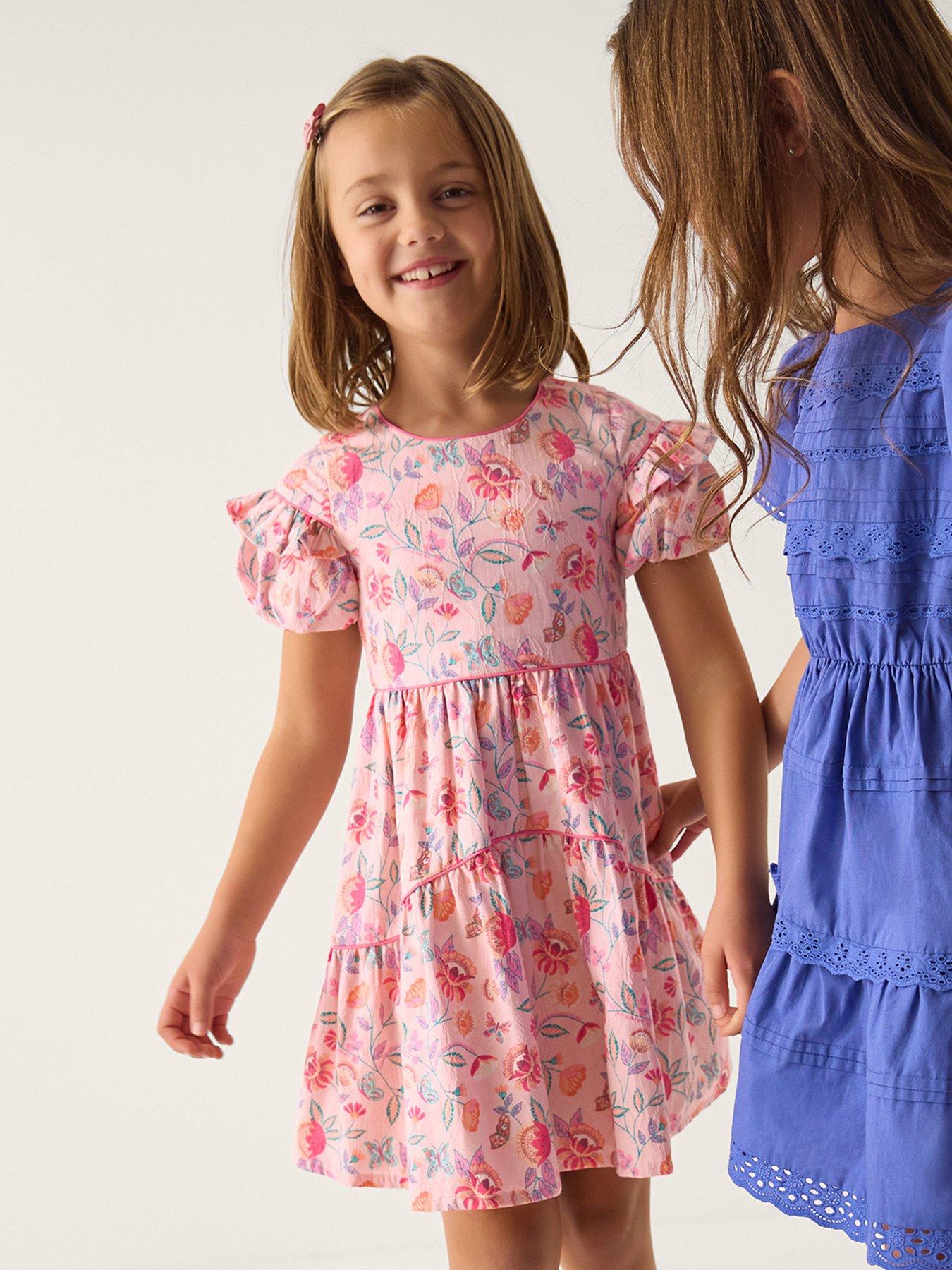 Monsoon Girls Short Sleeve Floral Jacquard Dress - Light Cream