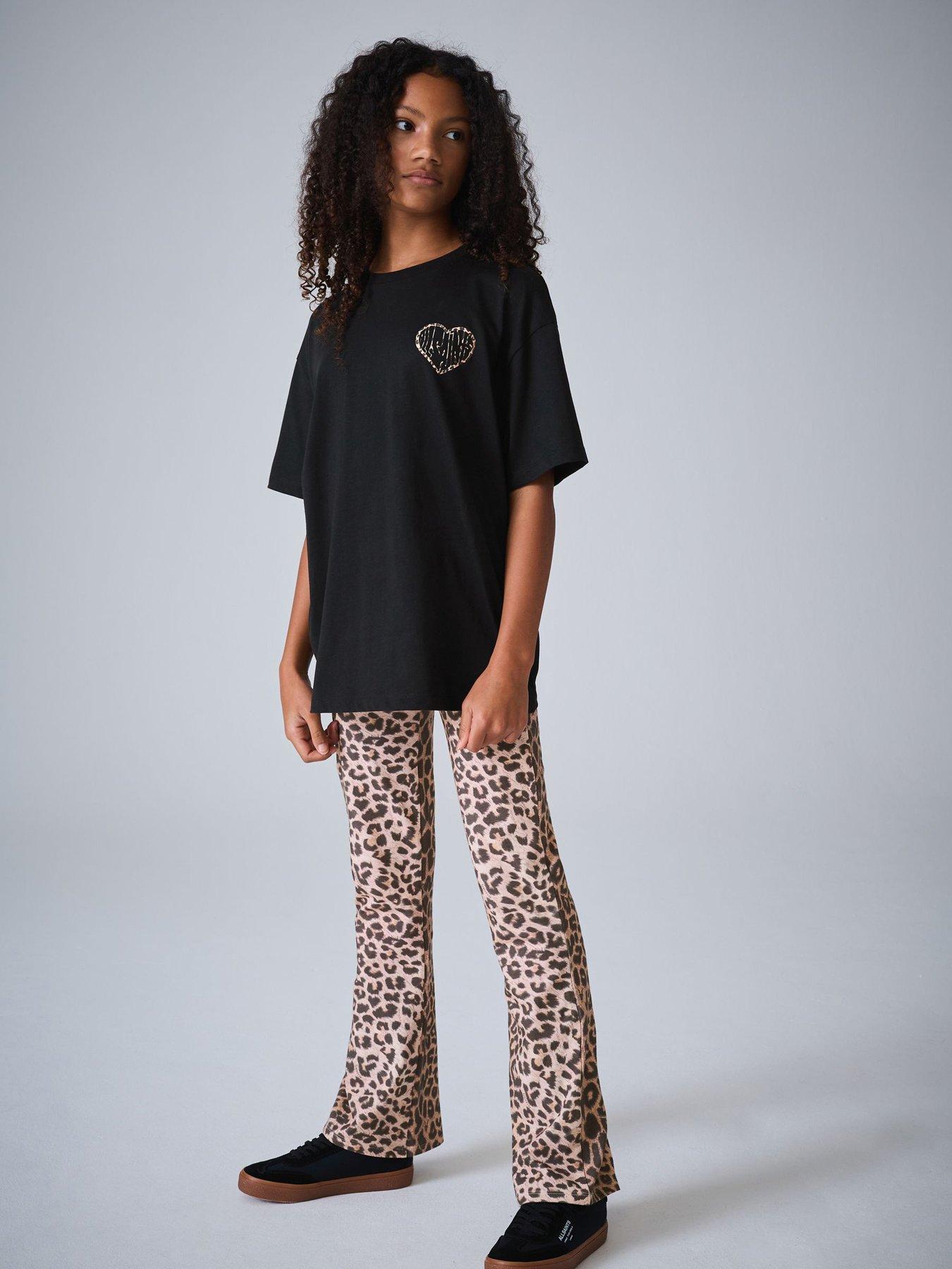 smALLSAINTS Older Girls Leopard Oversized T-Shirt and Flared Leggings Set - Black