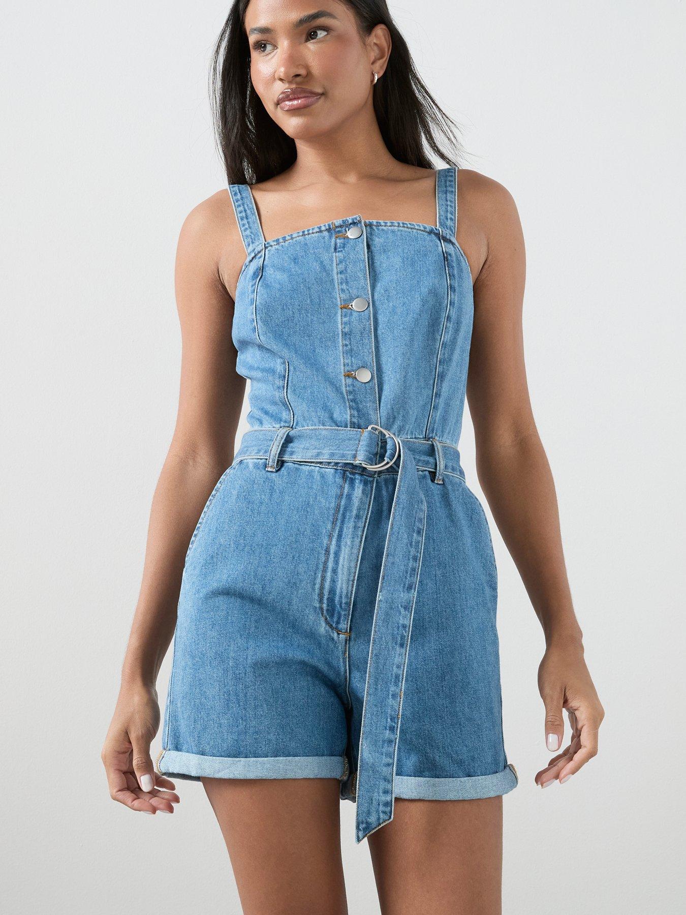Image 1 of 7 of The Very Collection Denim Button Through Playsuit - Dark Wash