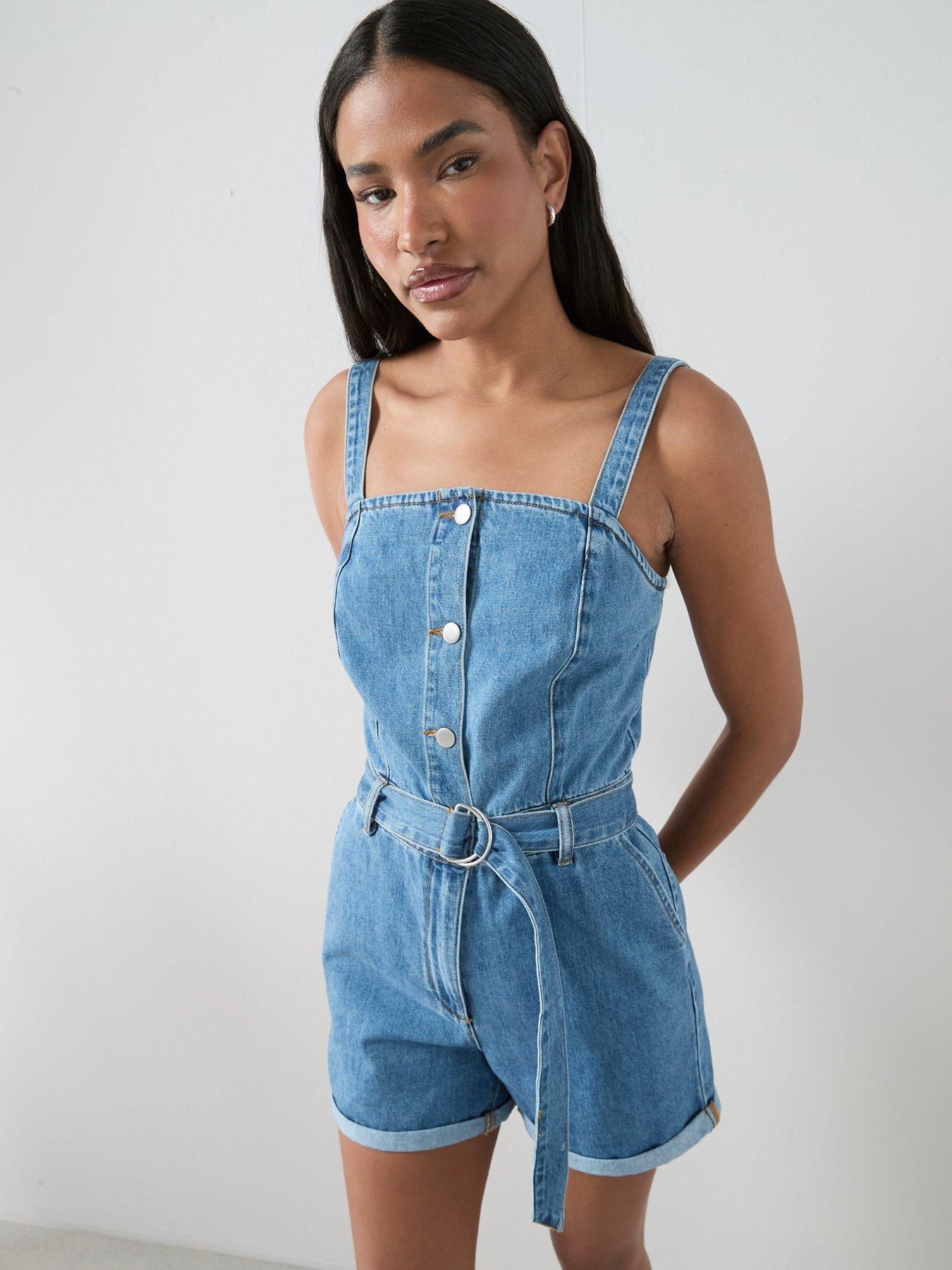 Image 4 of 7 of The Very Collection Denim Button Through Playsuit - Dark Wash