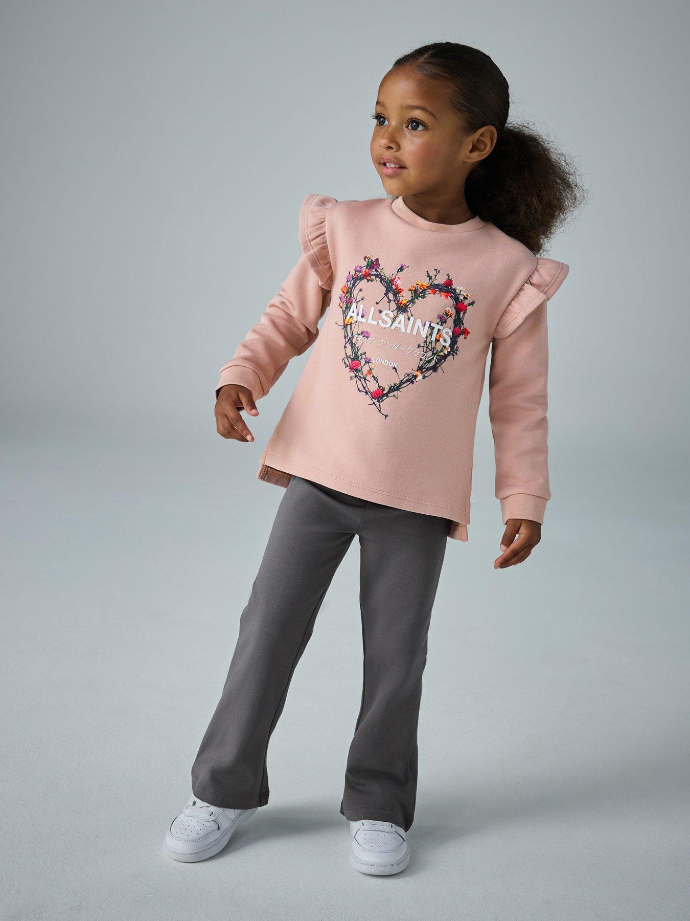 smALLSAINTS Girls Heart Detail Frill Sweatshirt And Flared Leggings Set - Pink/grey
