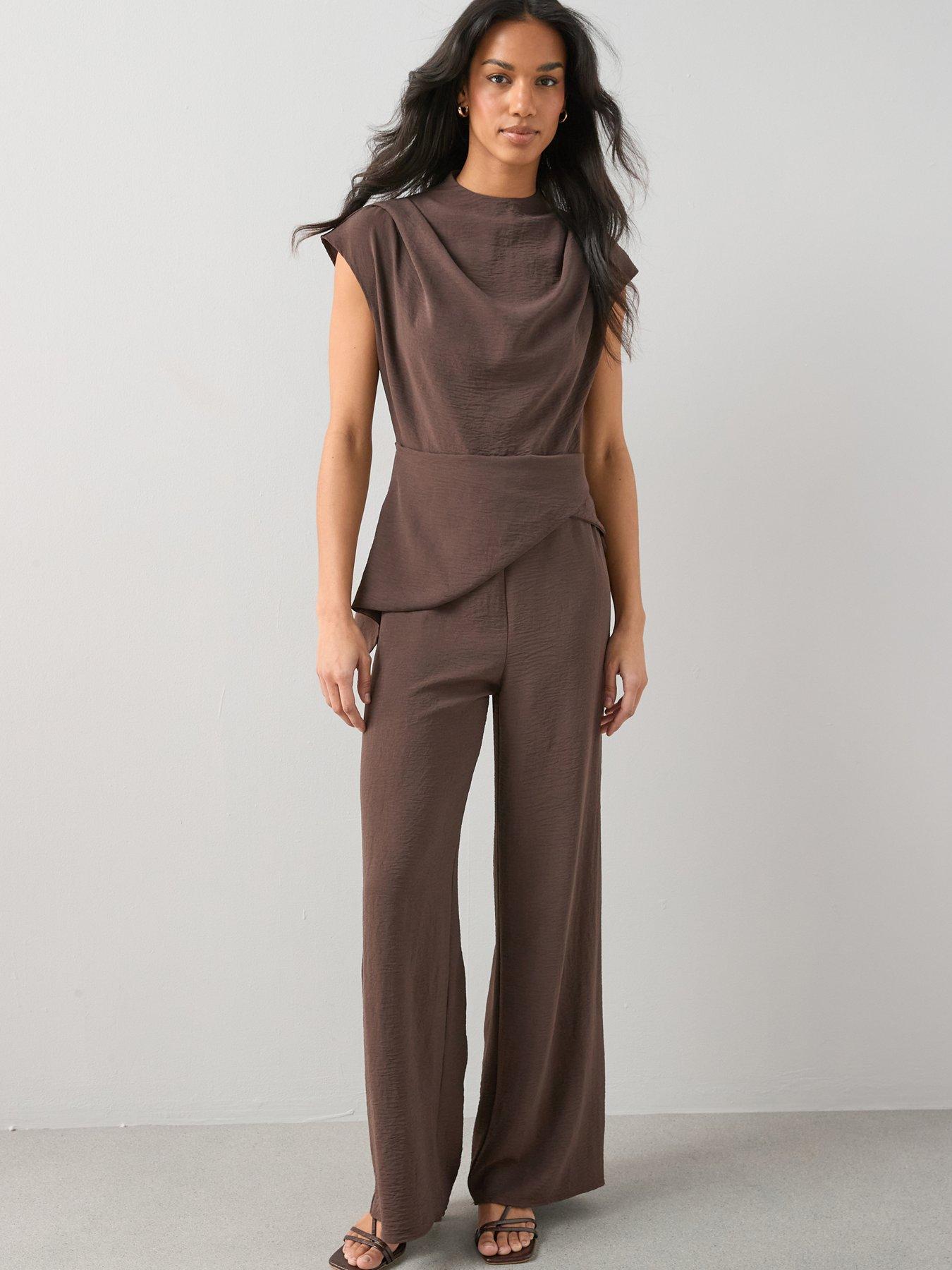  image of the-very-collection-drape-front-asymmetric-jumpsuit-brown