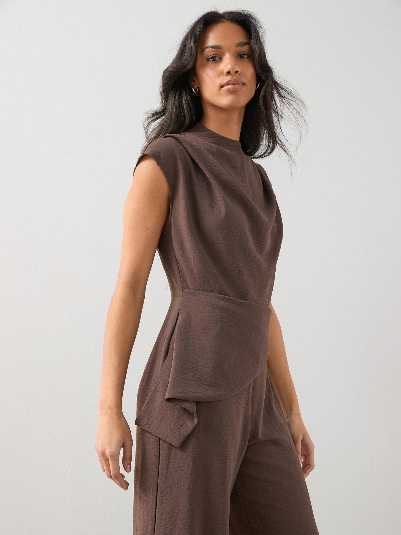  image of the-very-collection-drape-front-asymmetric-jumpsuit-brown