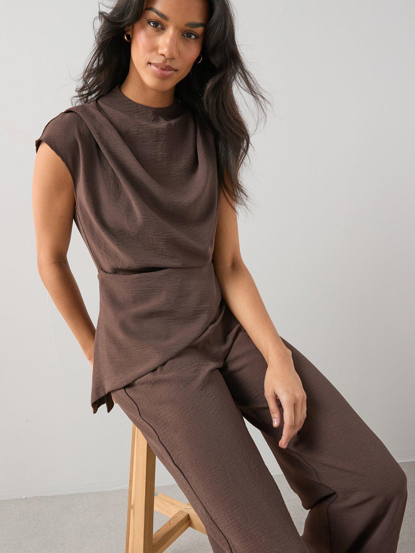  image of the-very-collection-drape-front-asymmetric-jumpsuit-brown