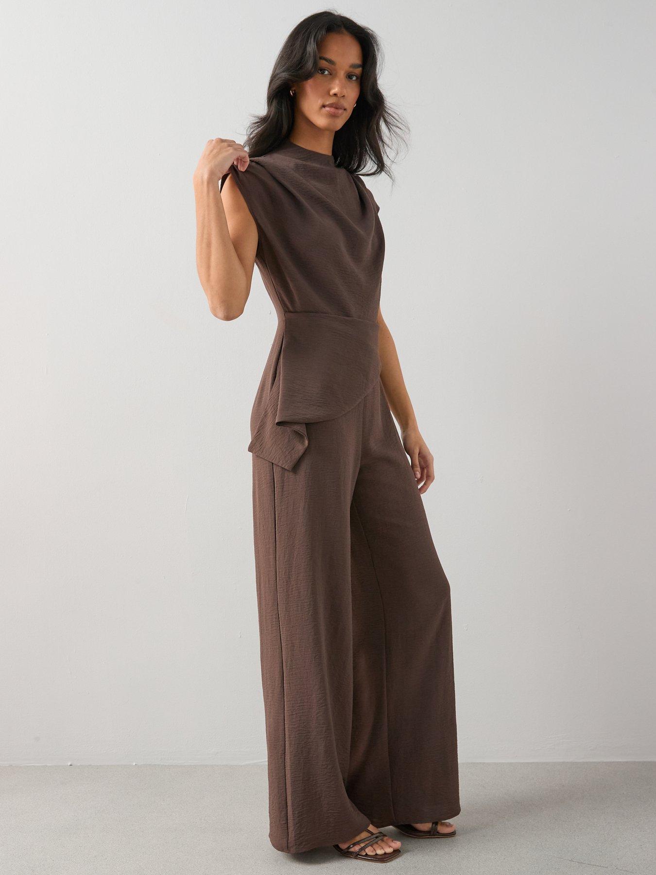  image of the-very-collection-drape-front-asymmetric-jumpsuit-brown