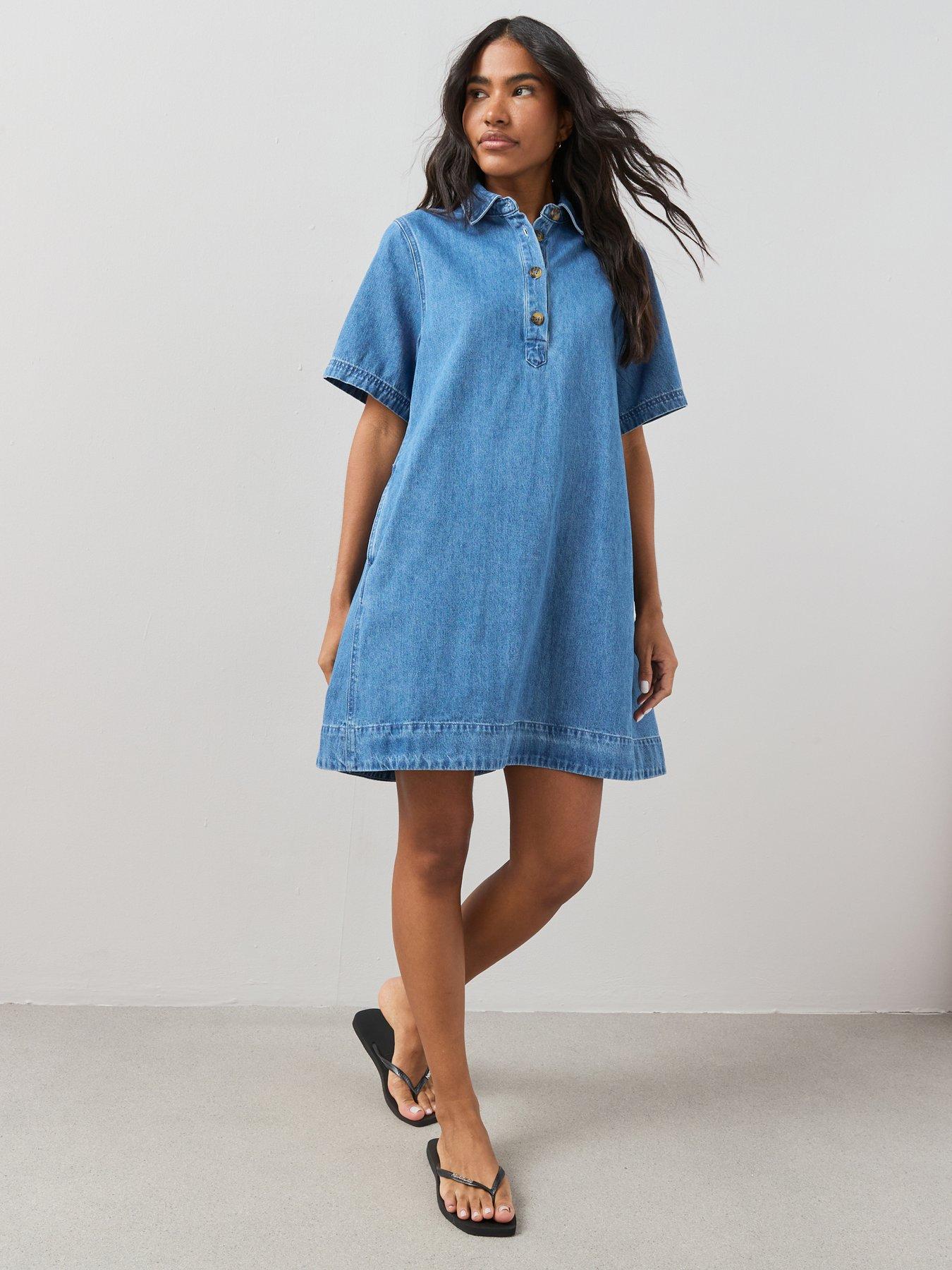 The Very Collection Denim Pop Over Dress - Mid Wash