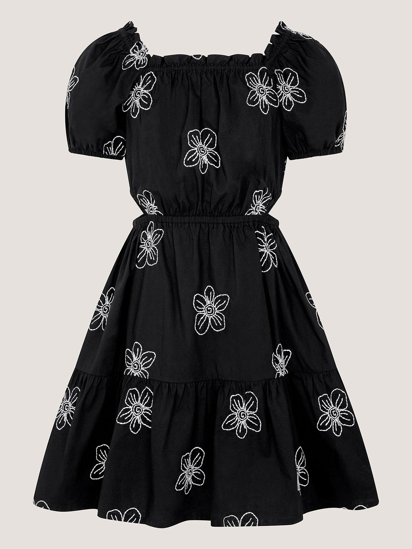 Monsoon Girls Storm Flower Embroidered Dress - Black