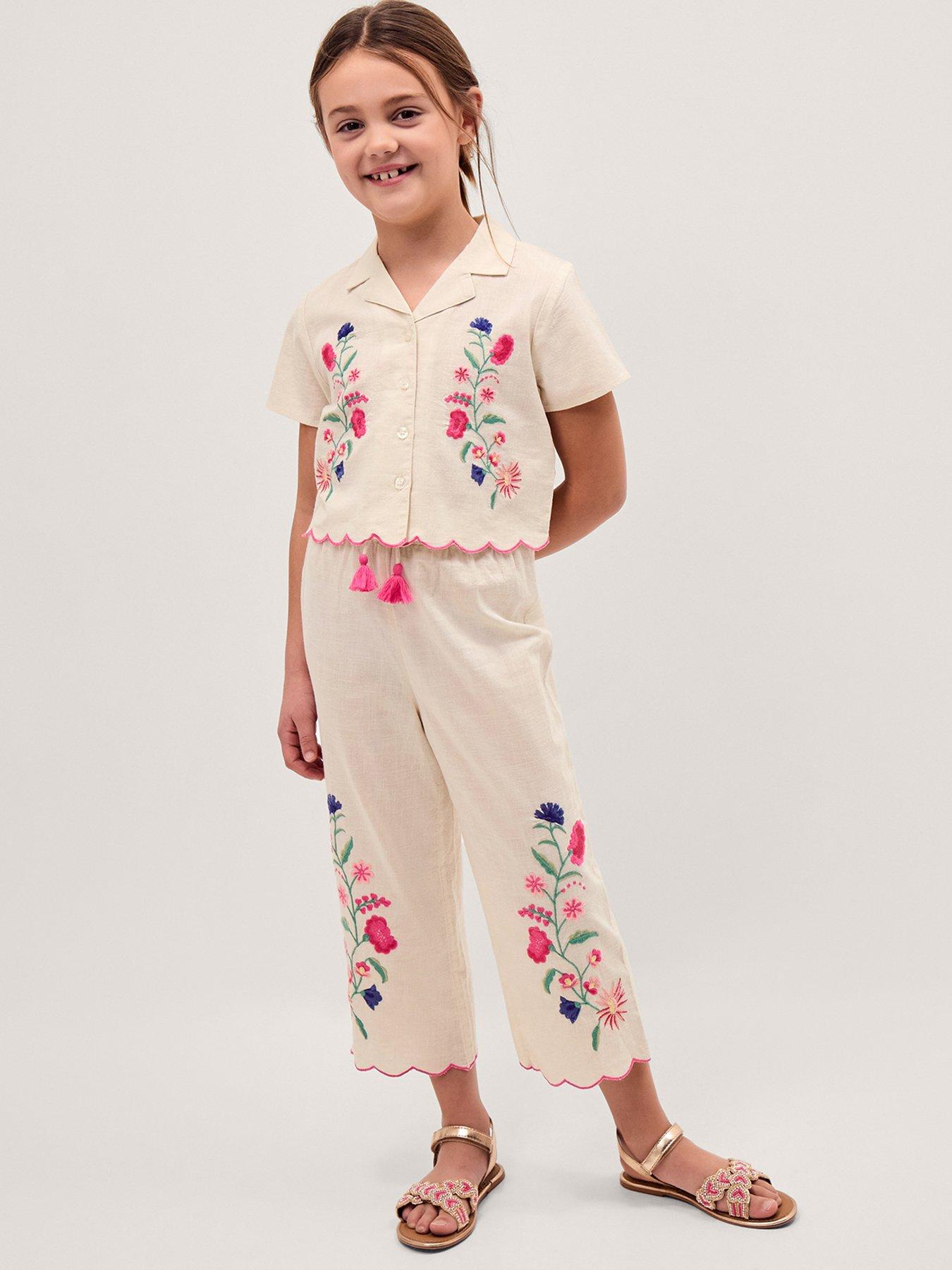 Monsoon Girls Embroidered Trouser Set - White