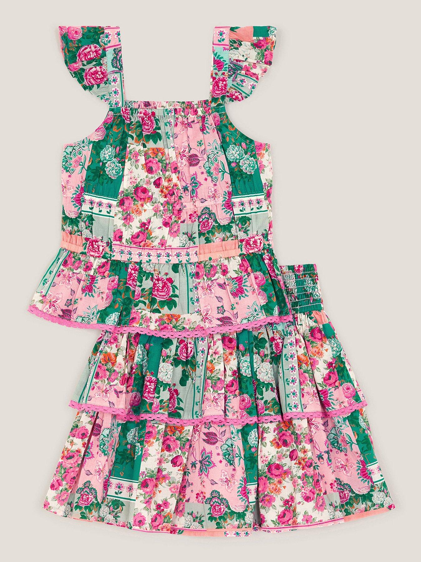 Image 2 of 4 of Monsoon Girls Patchwork Floral Skirt Set - Green