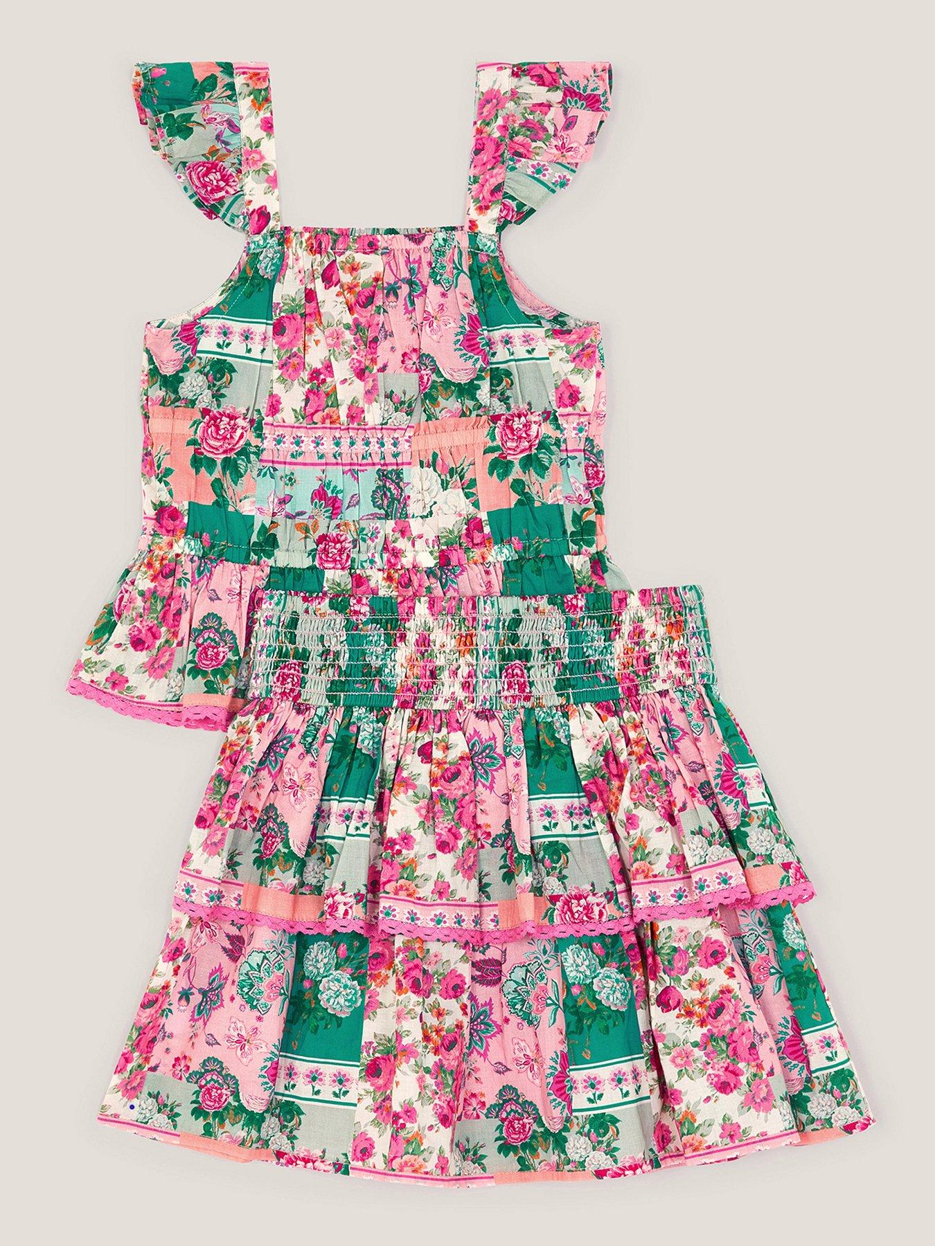 Image 3 of 4 of Monsoon Girls Patchwork Floral Skirt Set - Green