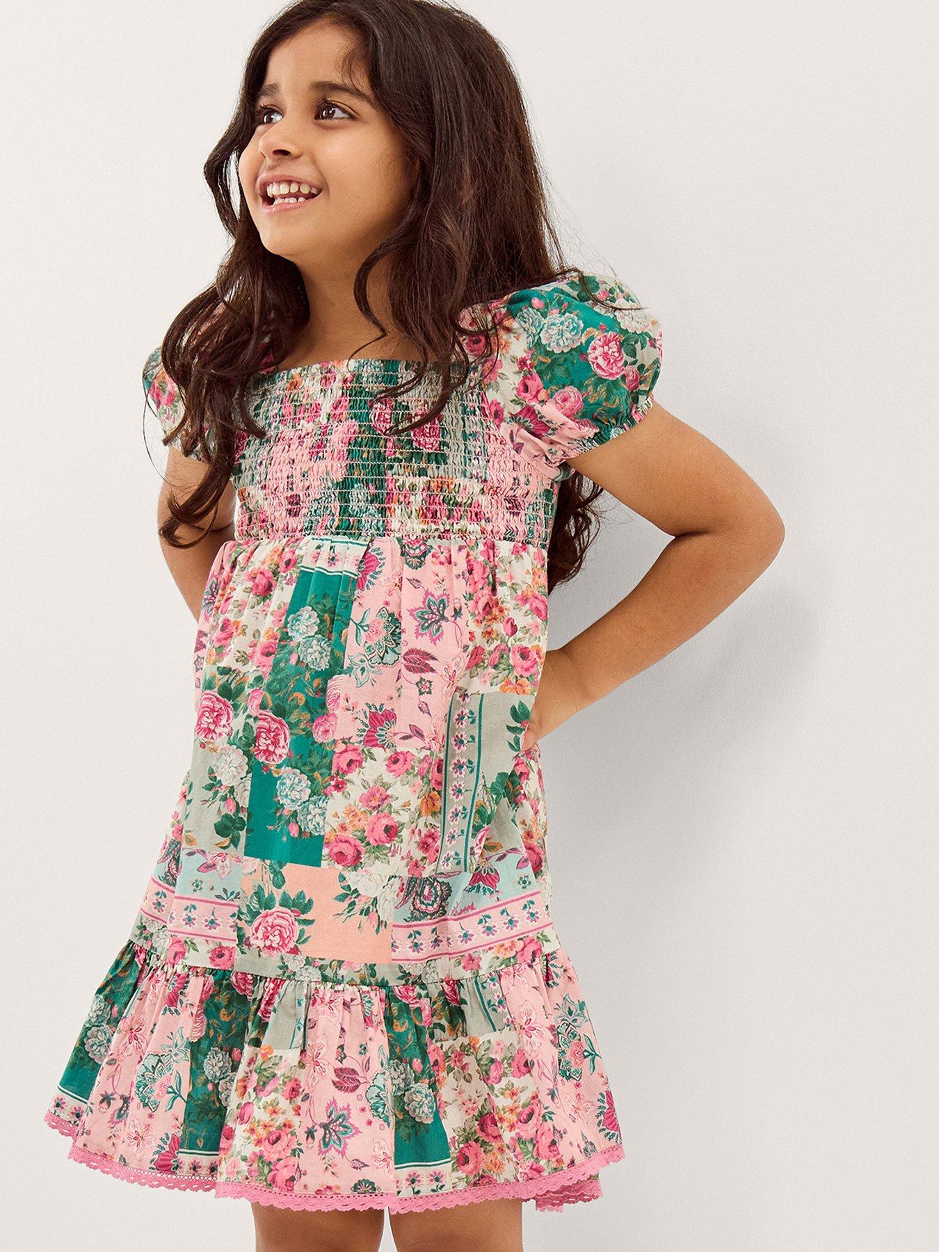 Image 1 of 4 of Monsoon Girls Patchwork Shirred Dress - Pink