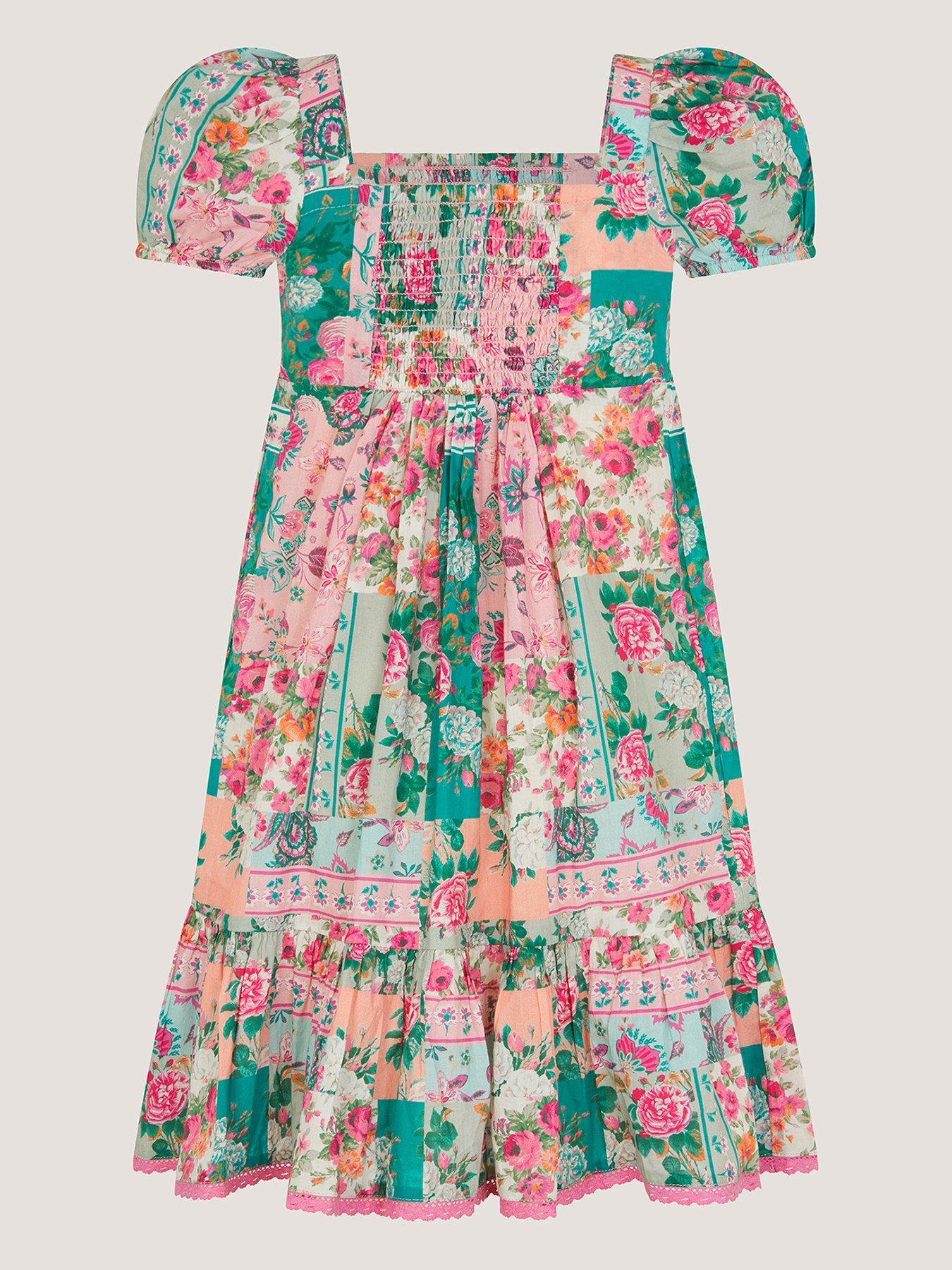 Image 3 of 4 of Monsoon Girls Patchwork Shirred Dress - Pink