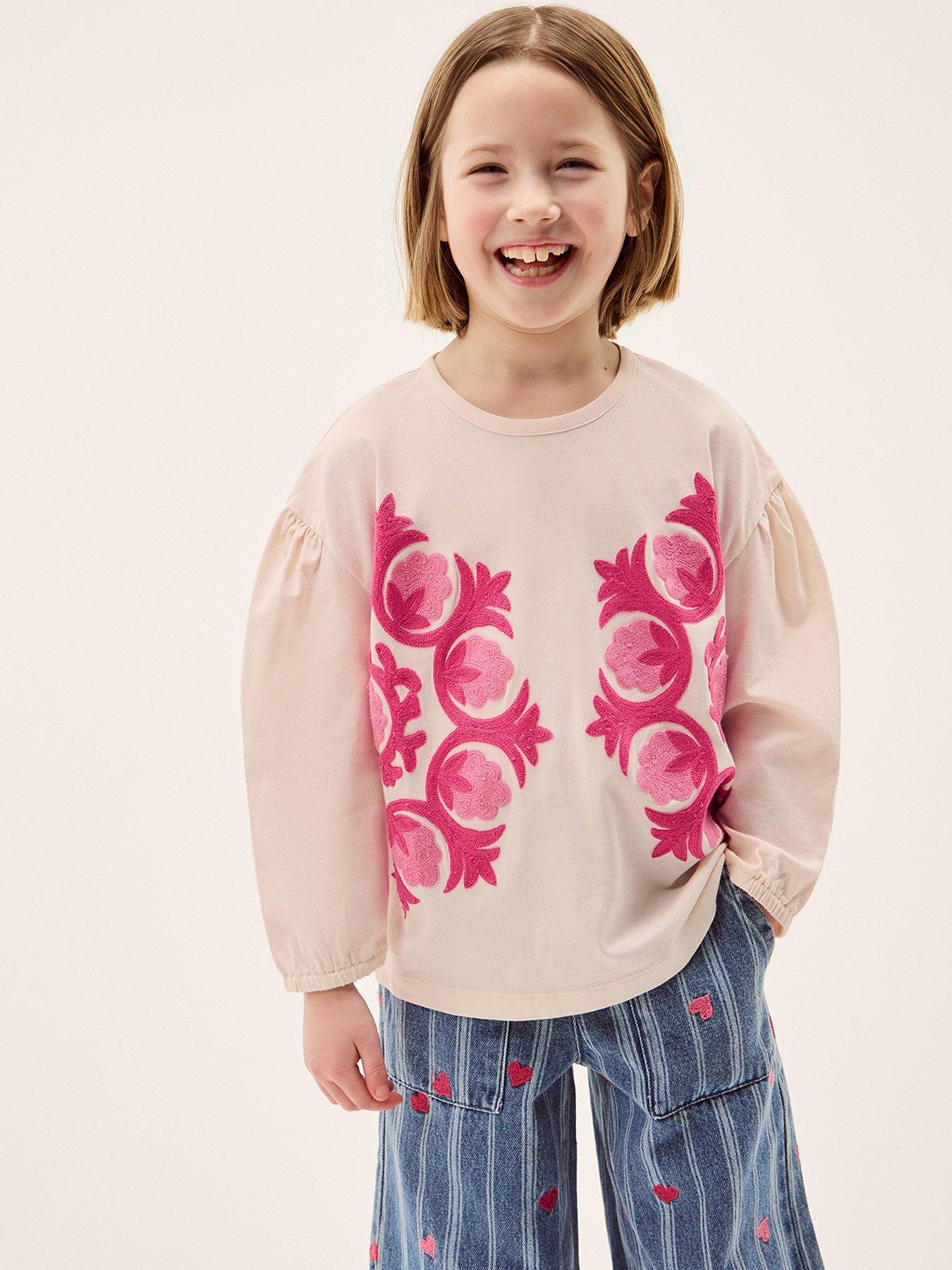 Monsoon Girls Long Sleeve Craft Chainstitch Tshirt - Cream