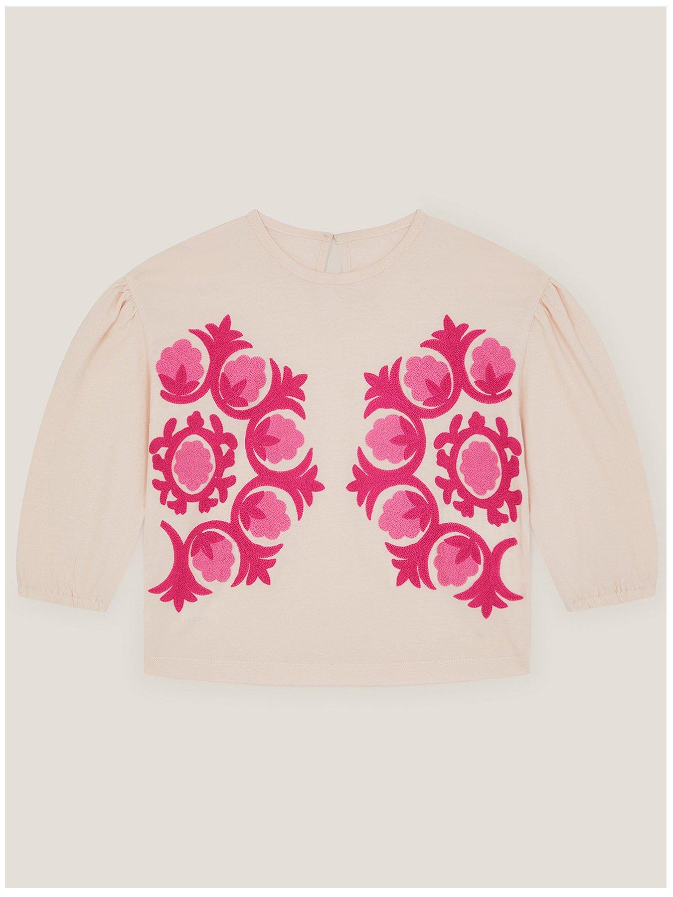 Monsoon Girls Long Sleeve Craft Chainstitch Tshirt - Cream