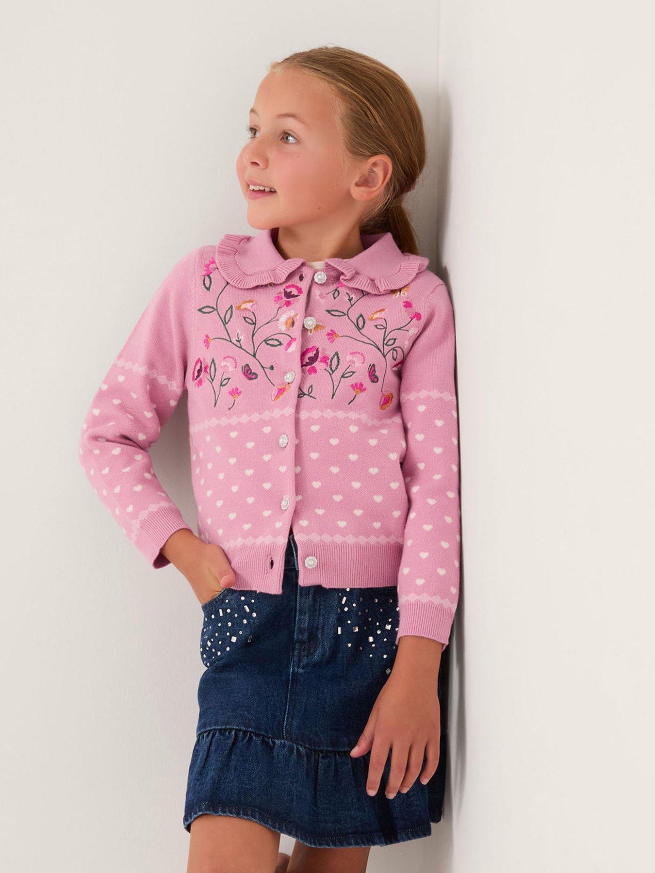 Monsoon Girls Floral Embroidered Knitted Cardigan - Pink