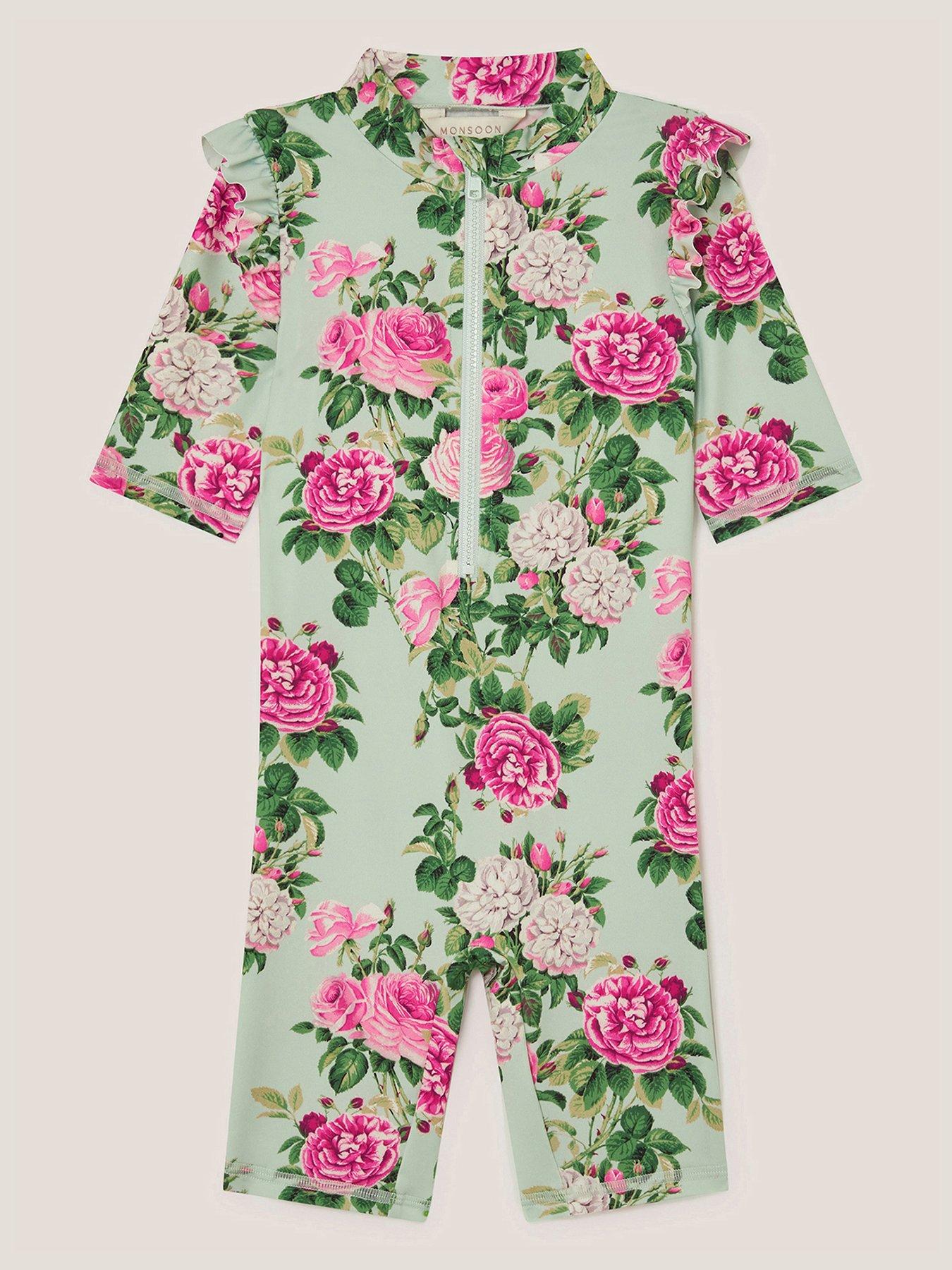 Image 1 of 3 of Monsoon Baby Girls Vintage Floral UPF Swimsuit - Green