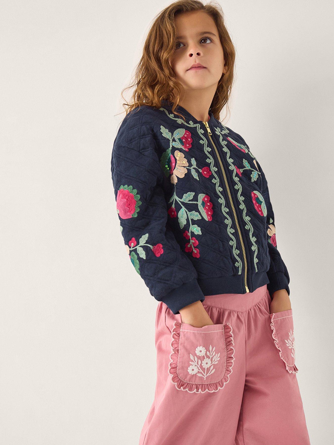 Monsoon Girls Floral Quilt Drop Shoulder Bomber Jacket - Navy